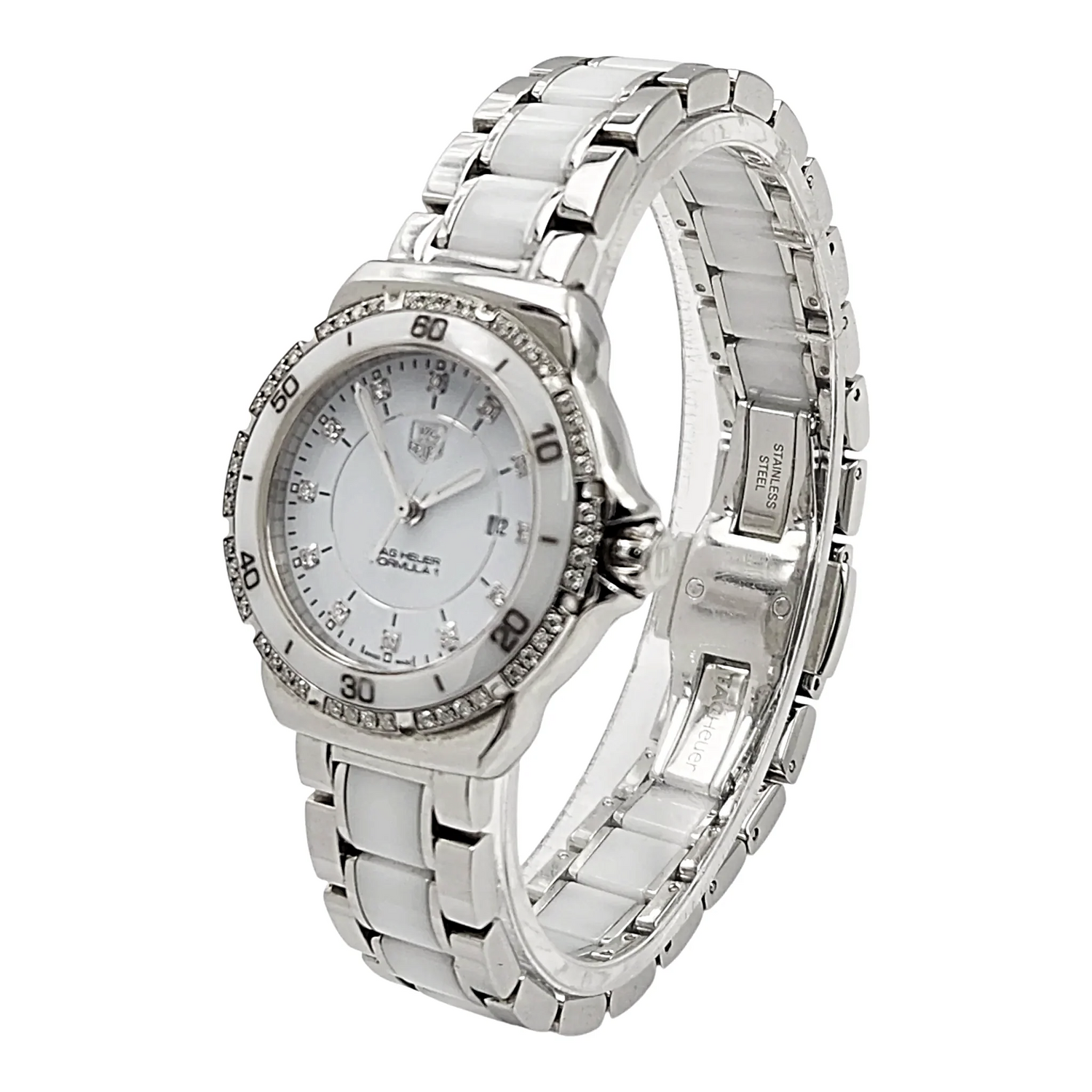 Ladies TAG Heuer 32mm Formula 1 Ceramic Watch with White Diamond Dial and Diamond Bezel. (Pre-Owned WAH1313)