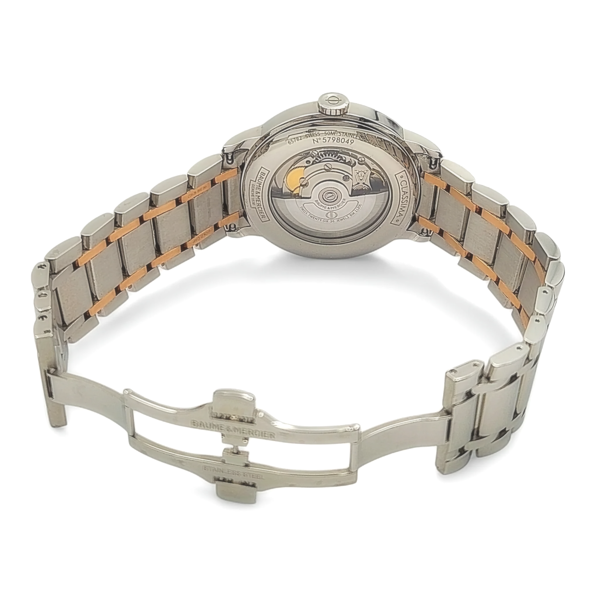 Men's Baume & Mercier 40mm Classima Automatic Electro Plated Rose Gold / Stainless Steel Watch with White Roman Numeral Dial. (Pre-Owned)