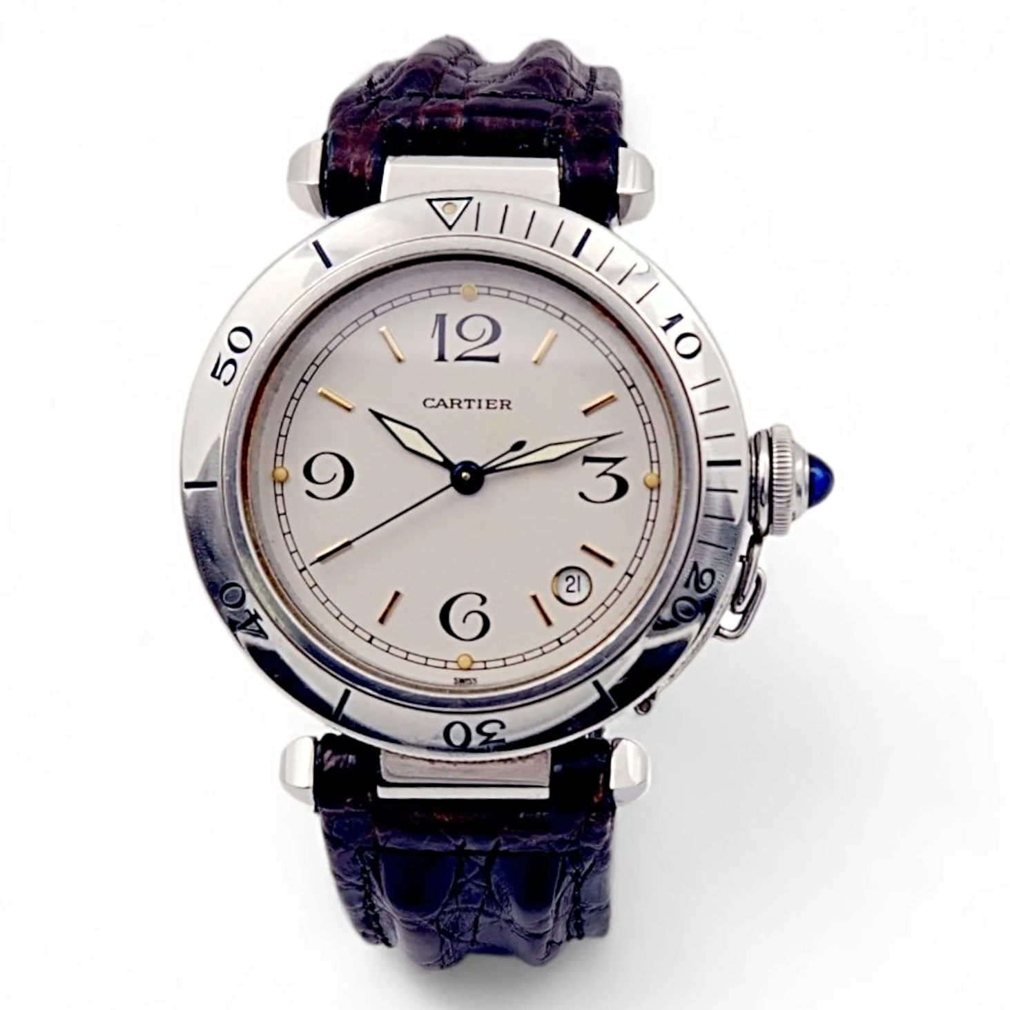 Unisex Cartier Pasha 38mm Arabic Numeral Automatic Watch with Brown Leather Strap and Ivory Dial. (Pre-Owned)