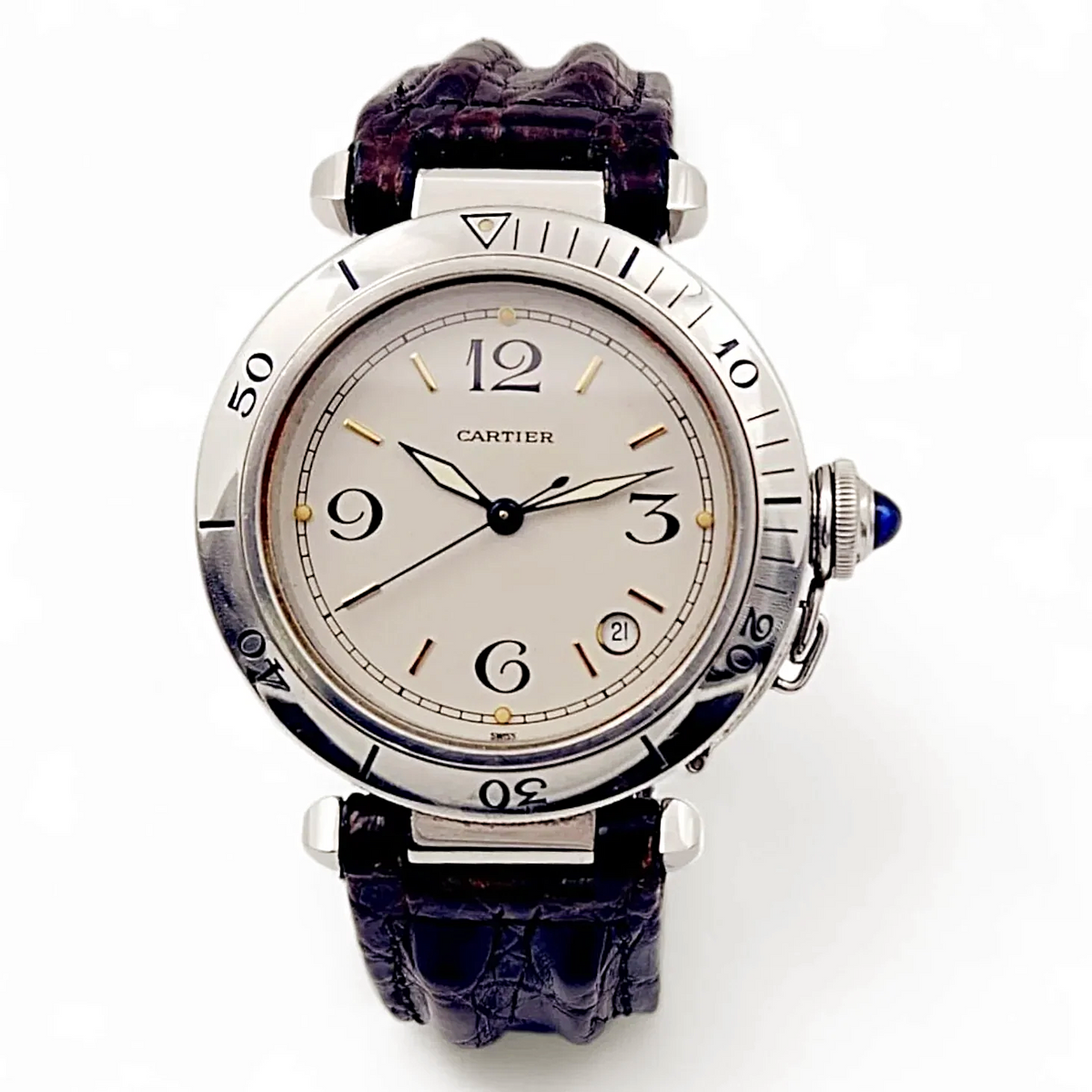 Unisex Cartier Pasha 38mm Arabic Numeral Automatic Watch with Brown Leather Strap and Ivory Dial. (Pre-Owned)
