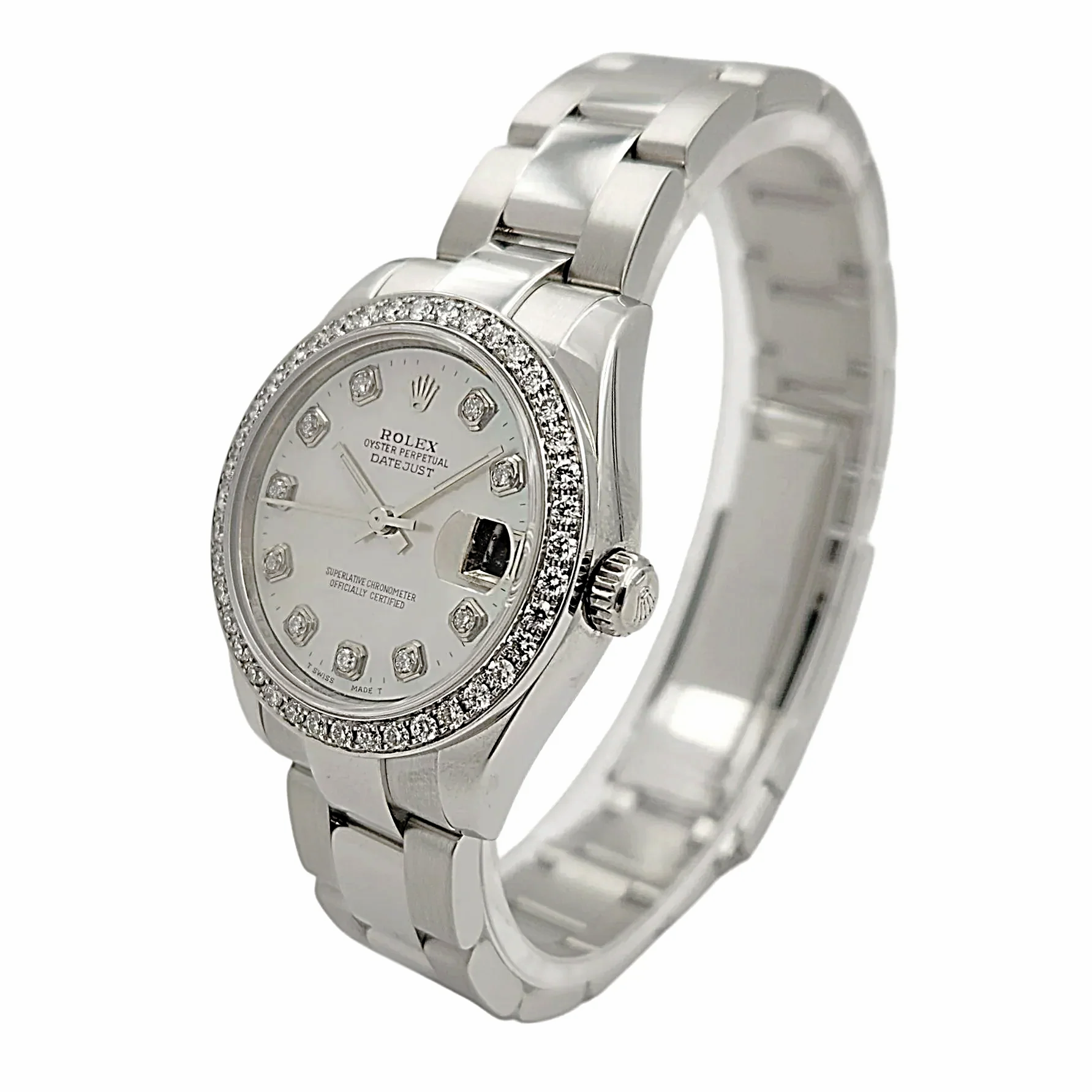 Ladies Rolex DateJust 31mm Midsize Stainless Steel Watch with Mother of Pearl Diamond Dial and Diamond Bezel. (Pre-Owned)