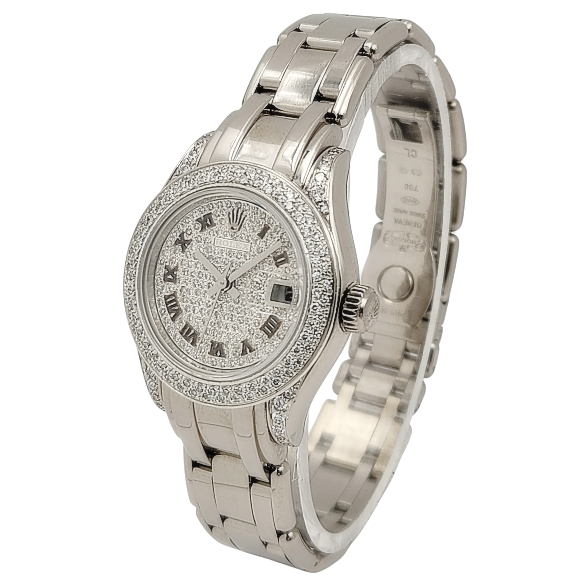 Ladies Rolex 29mm Pearlmaster 18K White Gold Watch with Diamond Dial and Diamond Bezel. (Pre-Owned 80319)