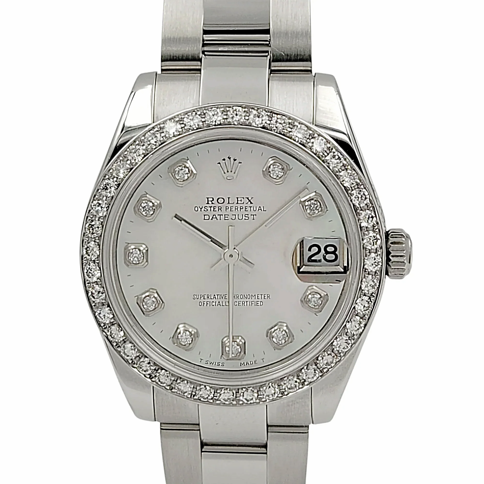 Ladies Rolex DateJust 31mm Midsize Stainless Steel Watch with Mother of Pearl Diamond Dial and Diamond Bezel. (Pre-Owned)