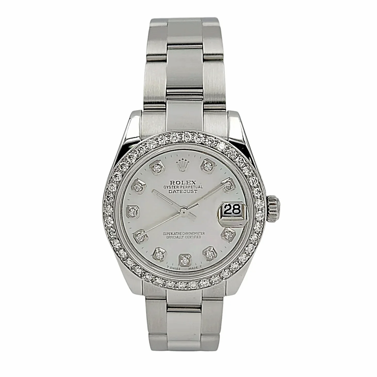 Ladies Rolex DateJust 31mm Midsize Stainless Steel Watch with Mother of Pearl Diamond Dial and Diamond Bezel. (Pre-Owned)