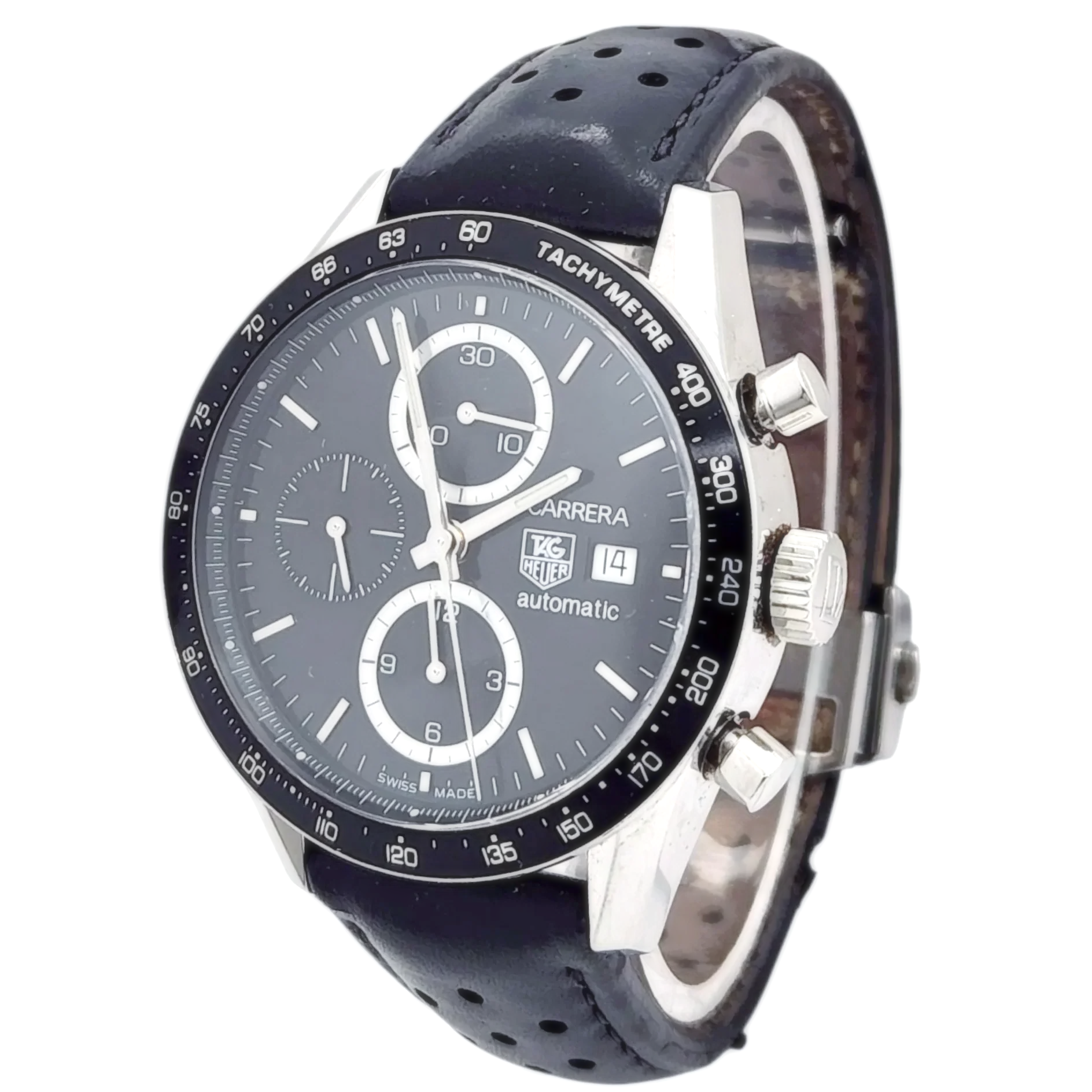 Men's TAG Heuer Carrera 42mm Juan Manuel Fangio Automatic Stainless Steel Watch with Leather Strap and Black Dial. (Pre-Owned)