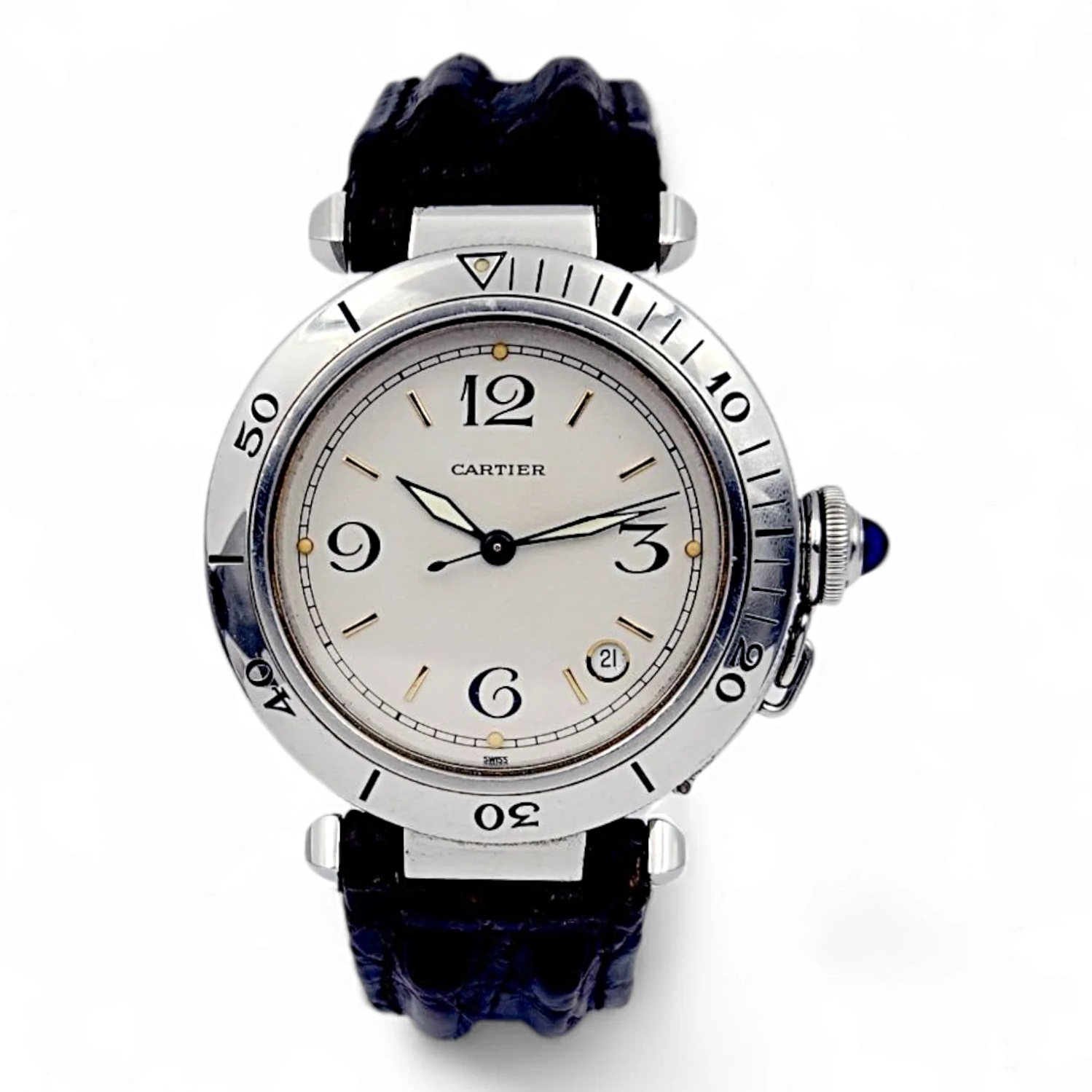 Unisex Cartier Pasha 38mm Arabic Numeral Automatic Watch with Brown Leather Strap and Ivory Dial. (Pre-Owned)