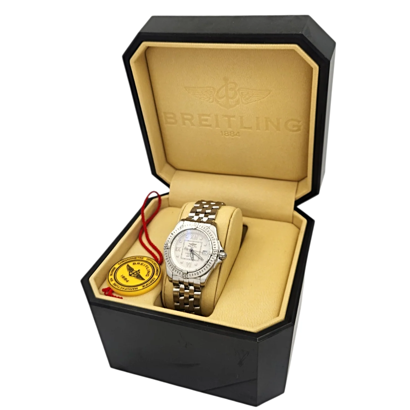 Ladies Breitling 32mm Cockpit Lady Stainless Steel Watch with Off-White Silver Diamond Dial and Rotating Bezel. (Pre-Owned A71356)