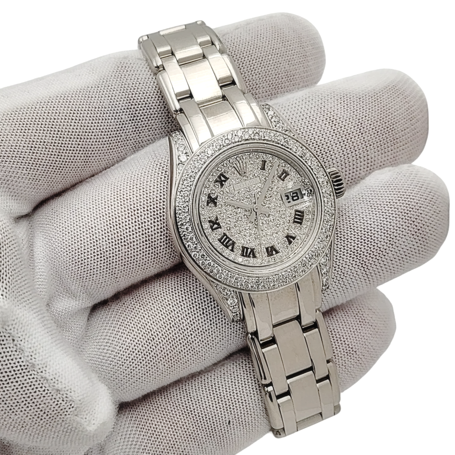 Ladies Rolex 29mm Pearlmaster 18K White Gold Watch with Diamond Dial and Diamond Bezel. (Pre-Owned 80319)