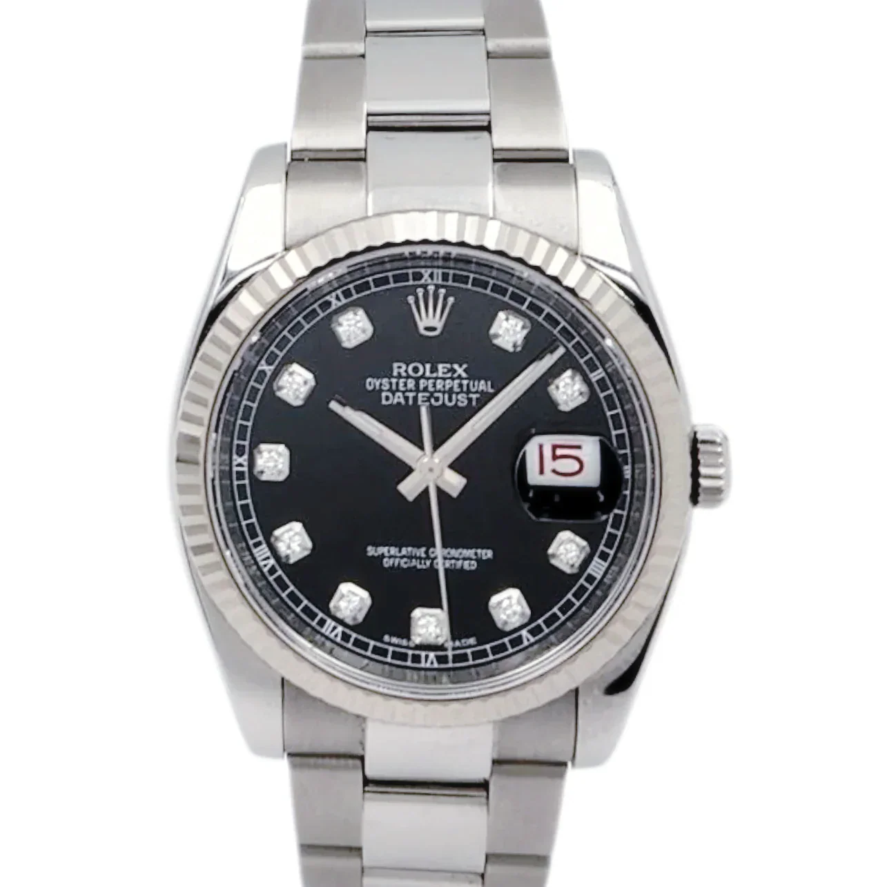 Men's Rolex 37mm Oyster Perpetual DateJust Stainless Steel Watch with Black Diamond Dial and Fluted Bezel. (Pre-Owned 116200)