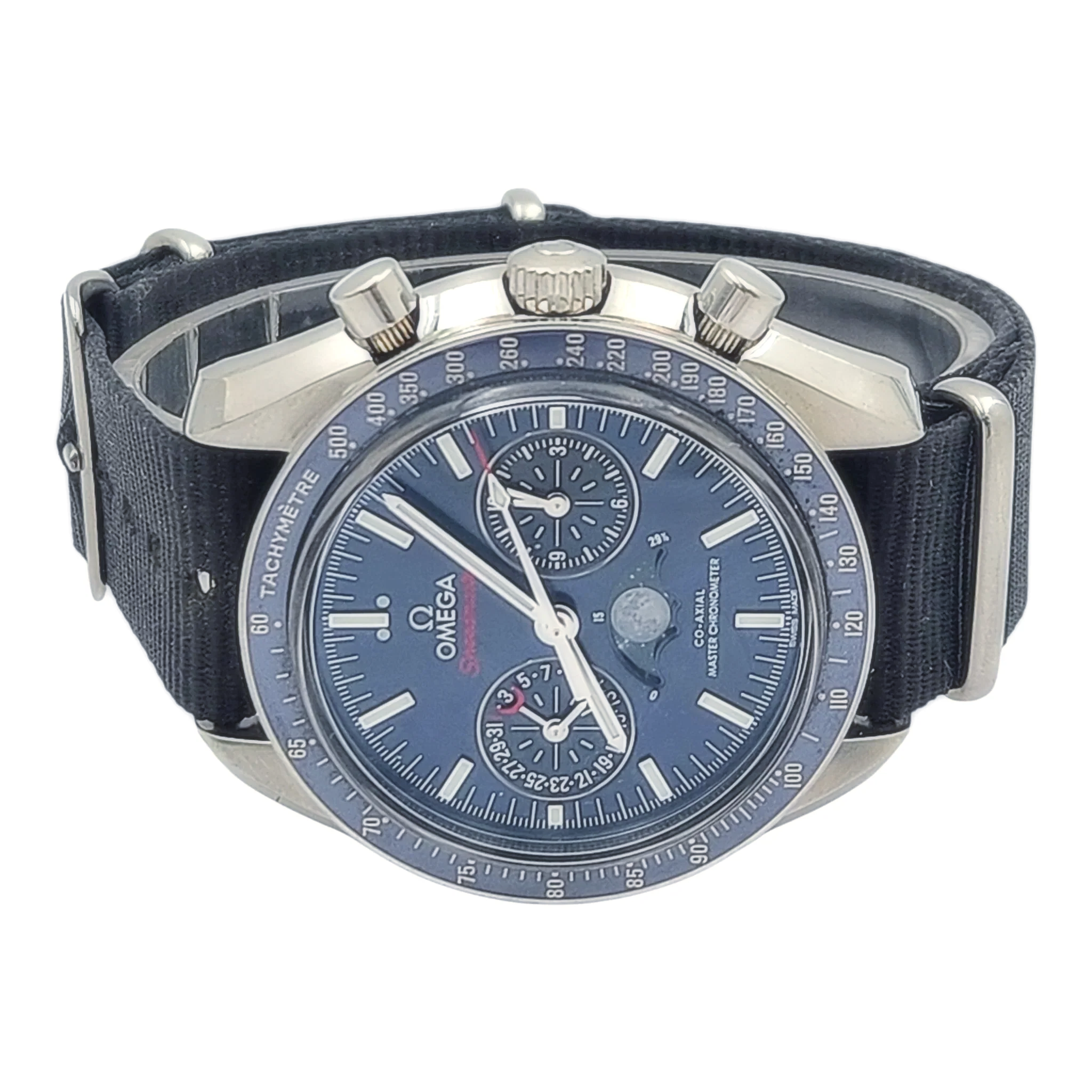 Men's Omega 44mm Speedmaster Moonphase Automatic Steel Watch with Blue Luminous Dial. (Pre-Owned Box/Card)
