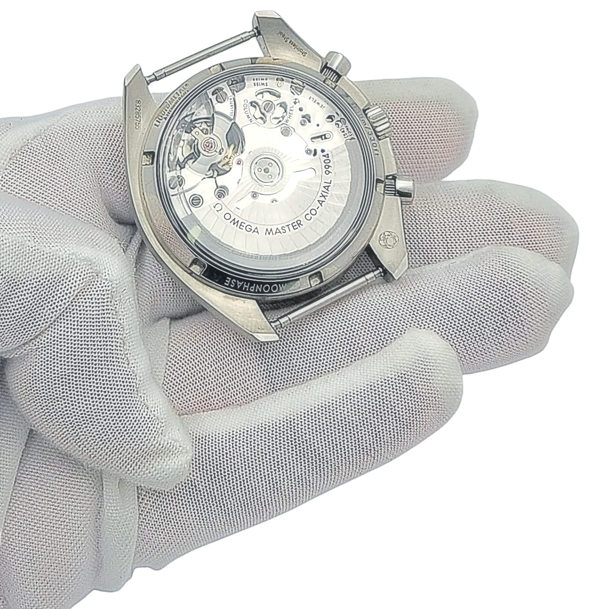 Men's Omega 44mm Speedmaster Moonphase Automatic Steel Watch with Blue Luminous Dial. (Pre-Owned Box/Card)