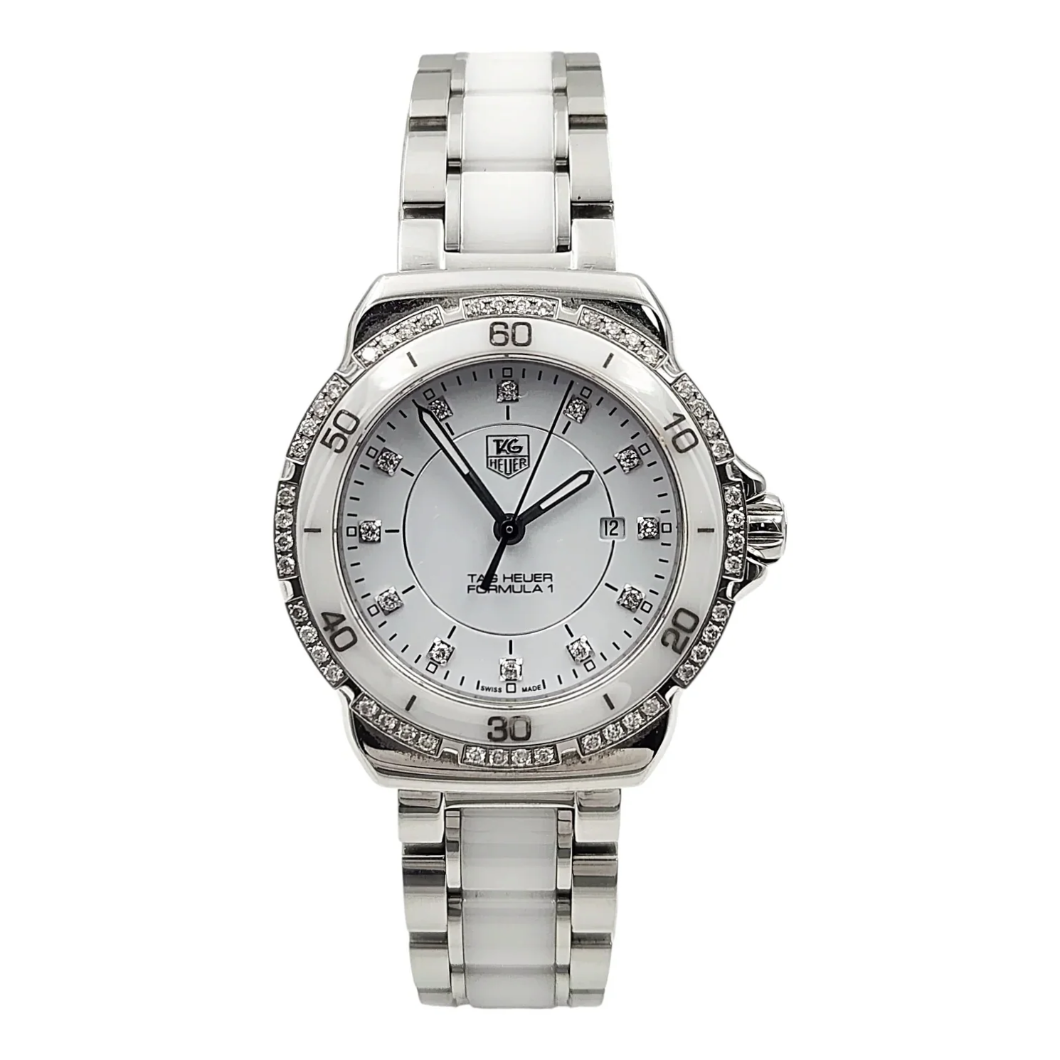 Ladies TAG Heuer 32mm Formula 1 Ceramic Watch with White Diamond Dial and Diamond Bezel. (Pre-Owned WAH1313)