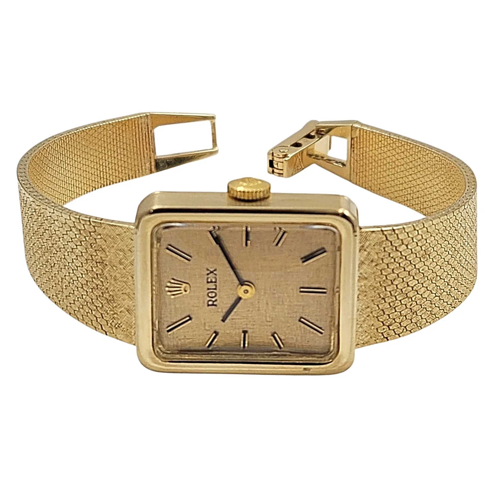 1950's Ladies Rolex Cocktail Vintage 14K Yellow Gold Watch with Gold Dial and Gold Mesh Bracelet. (Pre-Owned 8365)