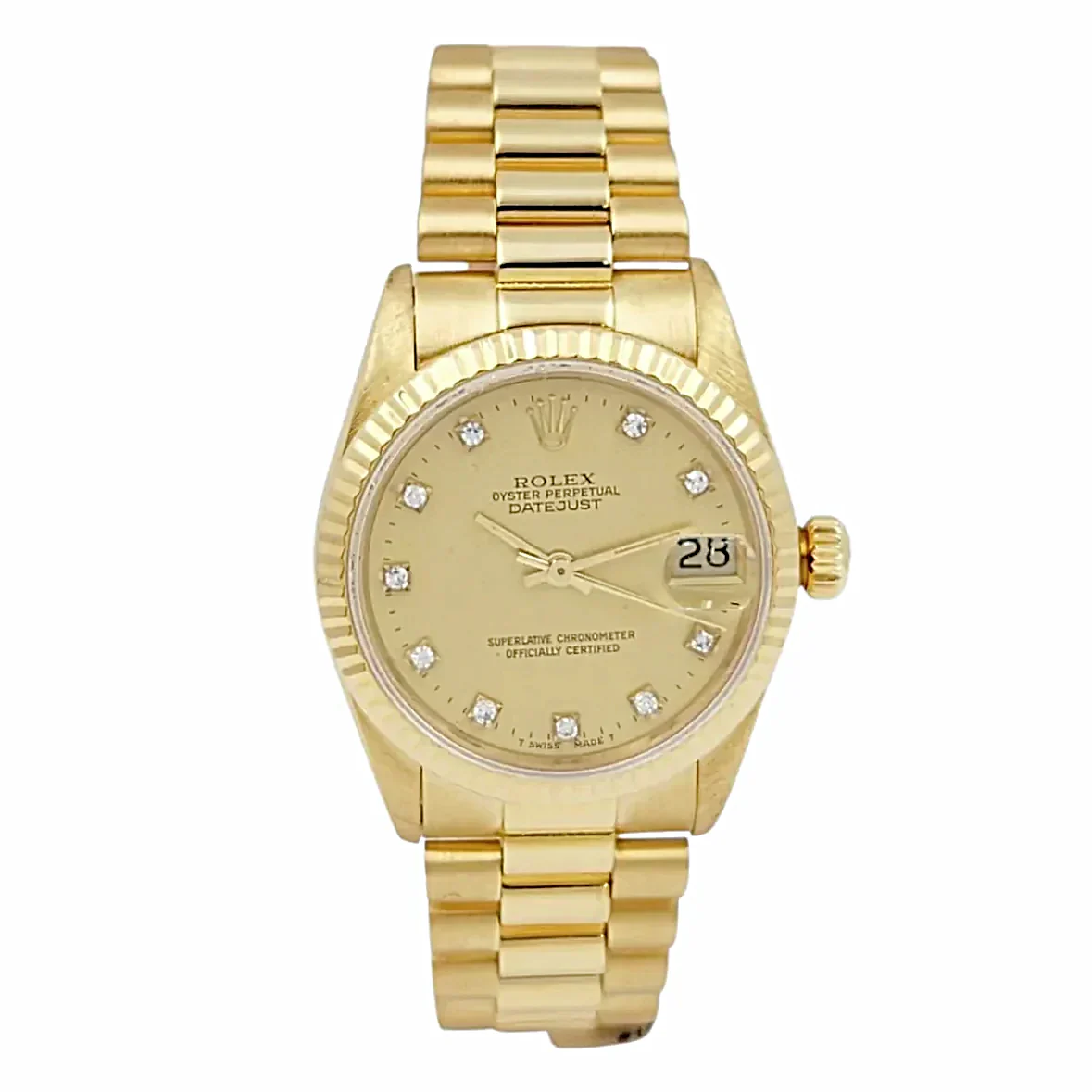 Ladies Rolex Midsize 31mm DateJust 18K Yellow Gold Watch with Diamond Champagne Dial and Fluted Bezel. (Pre-Owned 68278)