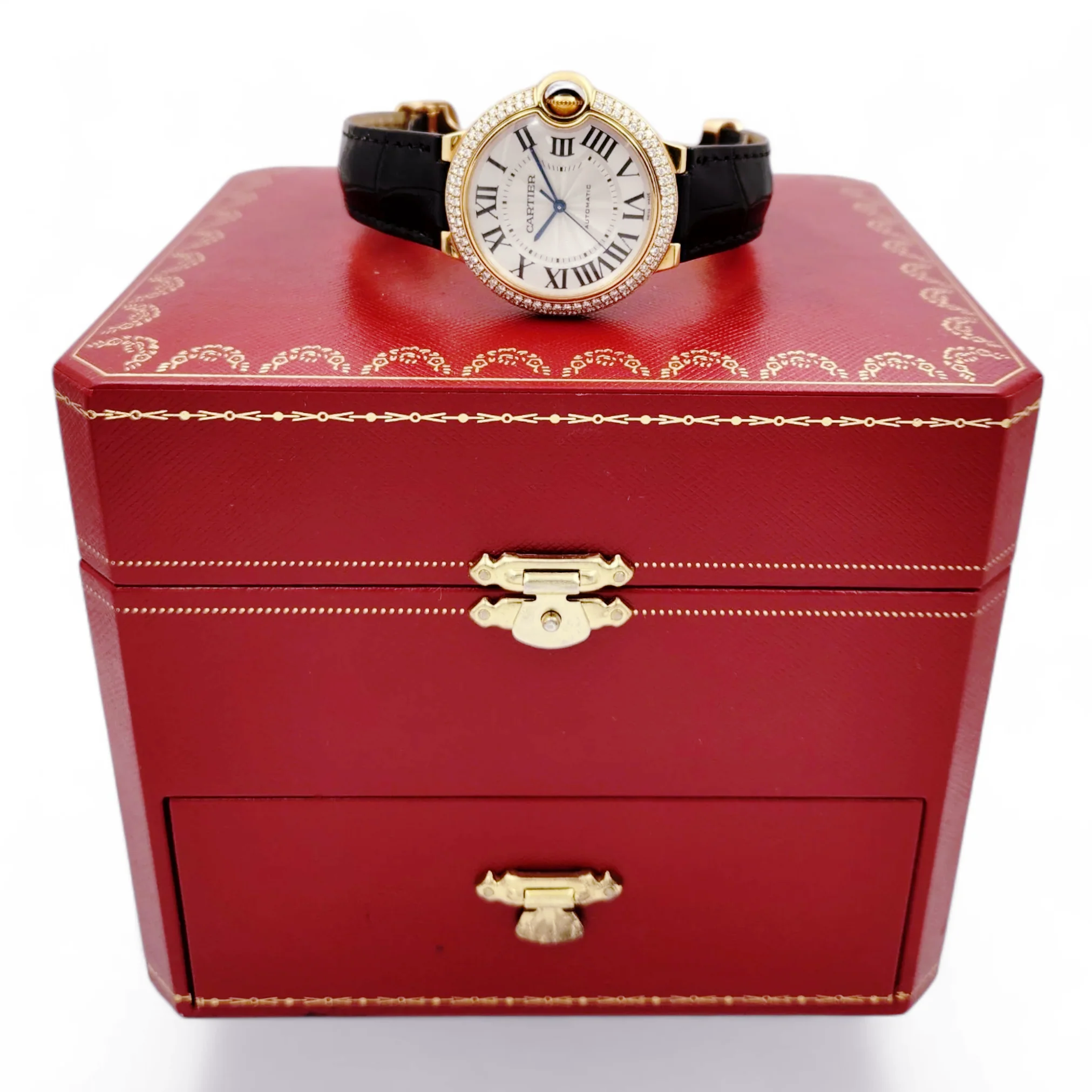 Unisex Cartier 36mm Ballon Bleu Automatic 18K Rose Gold / Black Leather Strap Watch with Roman Numeral Silver Guillochi Dial. (Pre-Owned 3002)