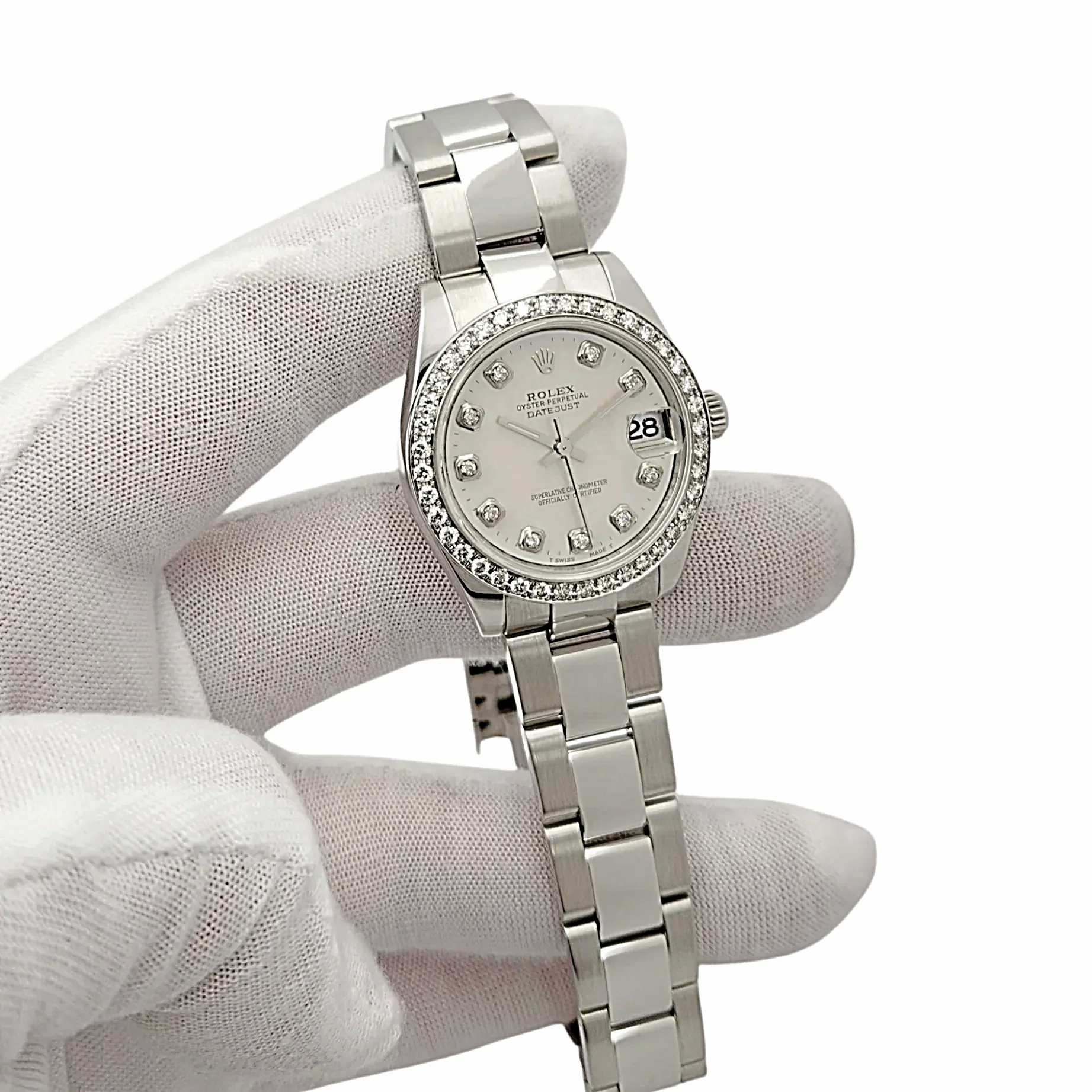 Ladies Rolex DateJust 31mm Midsize Stainless Steel Watch with Mother of Pearl Diamond Dial and Diamond Bezel. (Pre-Owned)