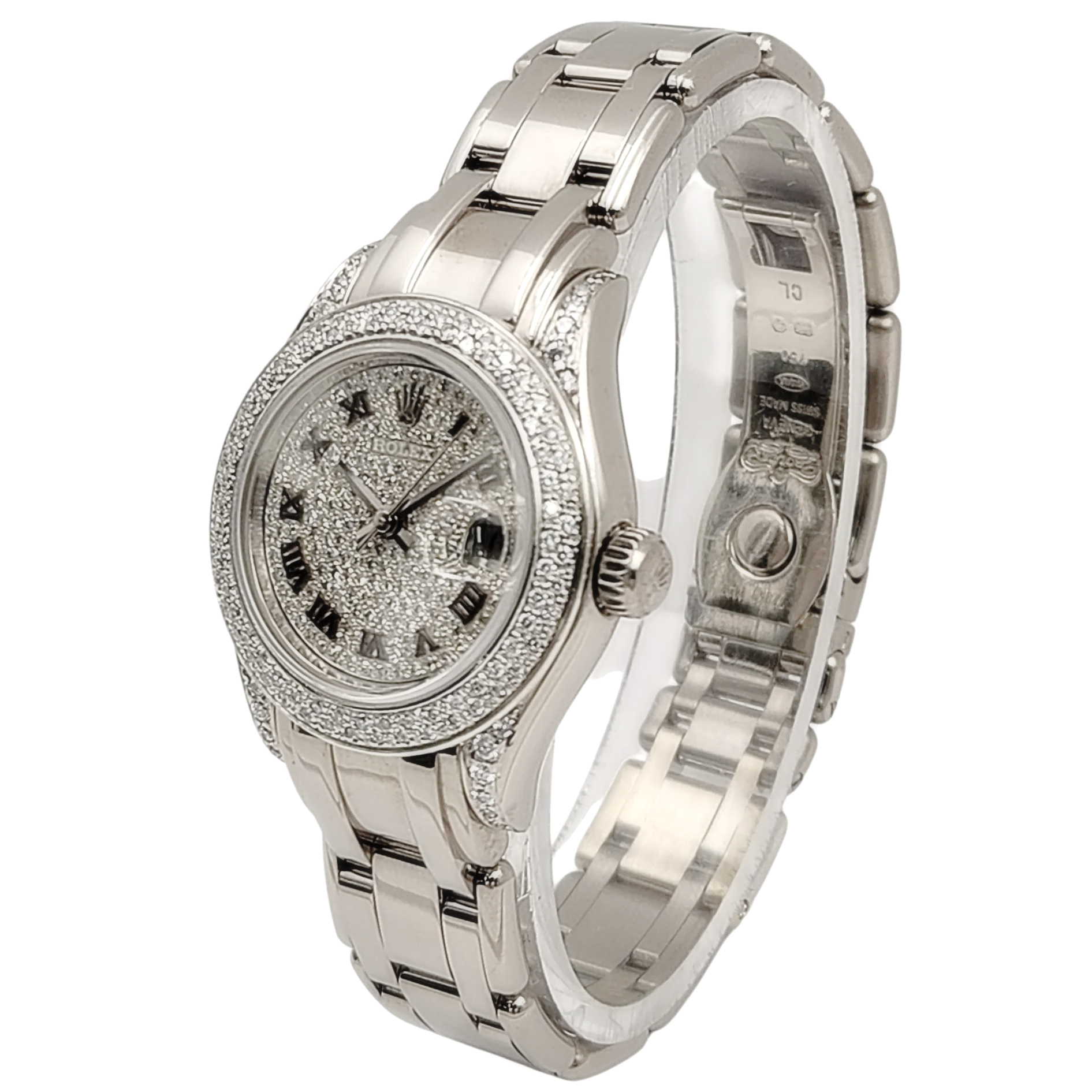 Ladies Rolex 29mm Pearlmaster 18K White Gold Watch with Diamond Dial and Diamond Bezel. (Pre-Owned 80319)