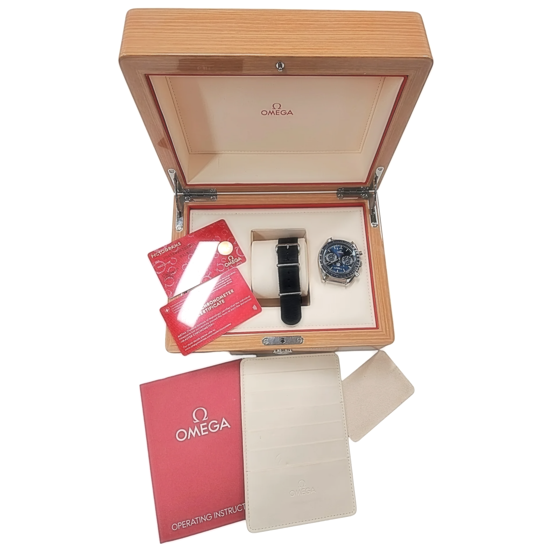 Men's Omega 44mm Speedmaster Moonphase Automatic Steel Watch with Blue Luminous Dial. (Pre-Owned Box/Card)