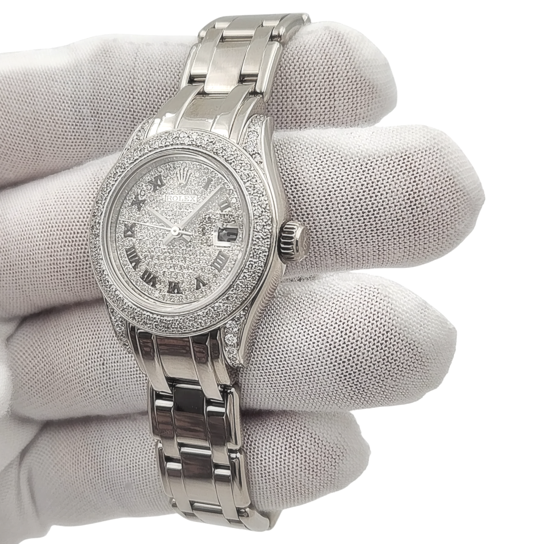 Ladies Rolex 29mm Pearlmaster 18K White Gold Watch with Diamond Dial and Diamond Bezel. (Pre-Owned 80319)
