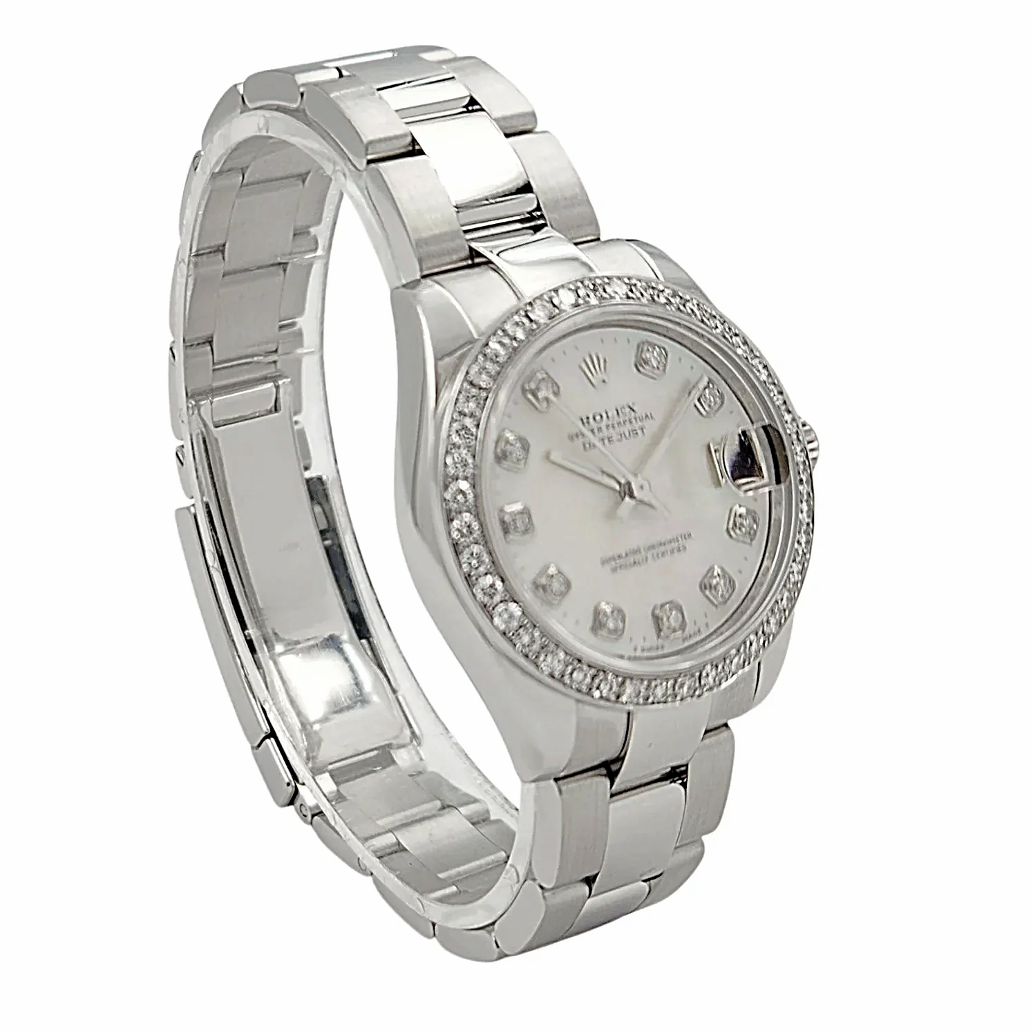 Ladies Rolex DateJust 31mm Midsize Stainless Steel Watch with Mother of Pearl Diamond Dial and Diamond Bezel. (Pre-Owned)
