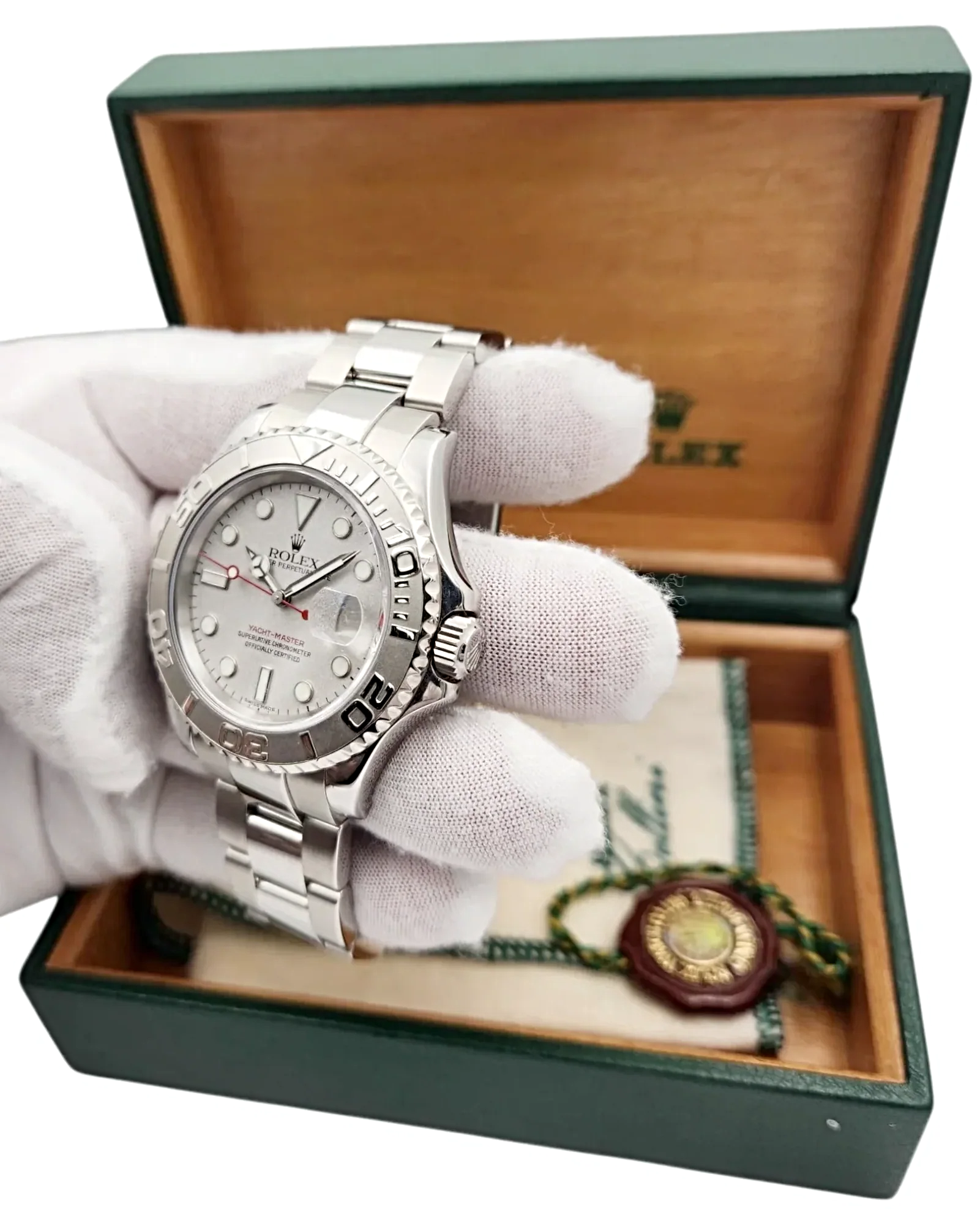 Men's Rolex Yacht-Master 40mm Oyster Perpetual Stainless Steel Watch with Pewter Dial and Platinum Bezel. (Pre-Owned 16622)