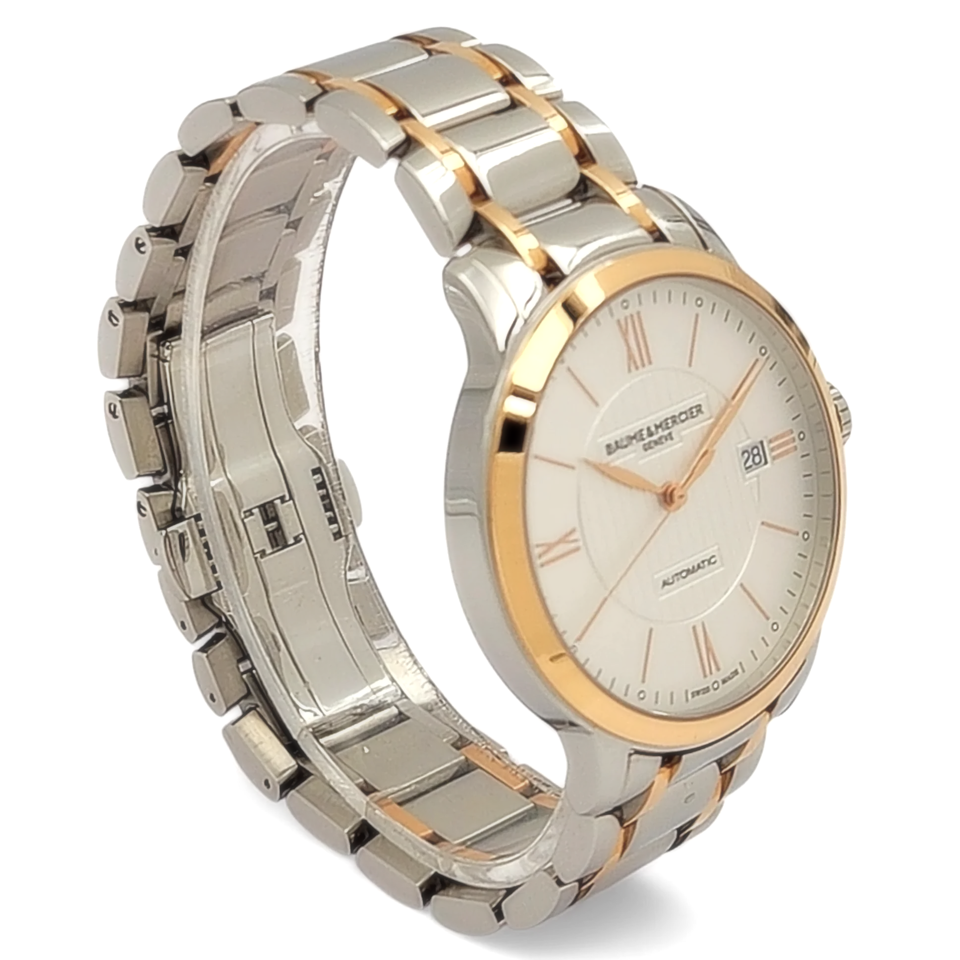 Men's Baume & Mercier 40mm Classima Automatic Electro Plated Rose Gold / Stainless Steel Watch with White Roman Numeral Dial. (Pre-Owned)