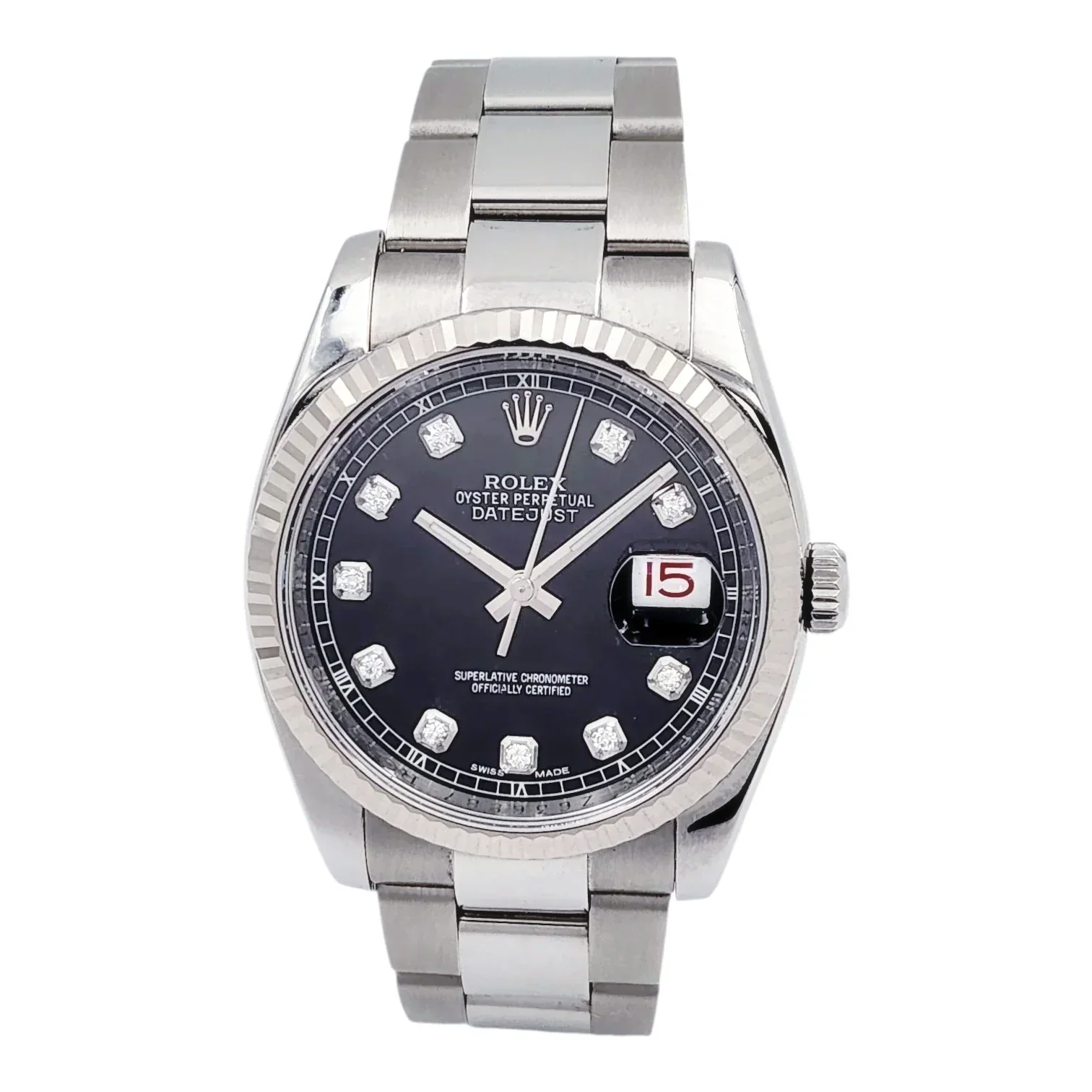 Men's Rolex 37mm Oyster Perpetual DateJust Stainless Steel Watch with Black Diamond Dial and Fluted Bezel. (Pre-Owned 116200)