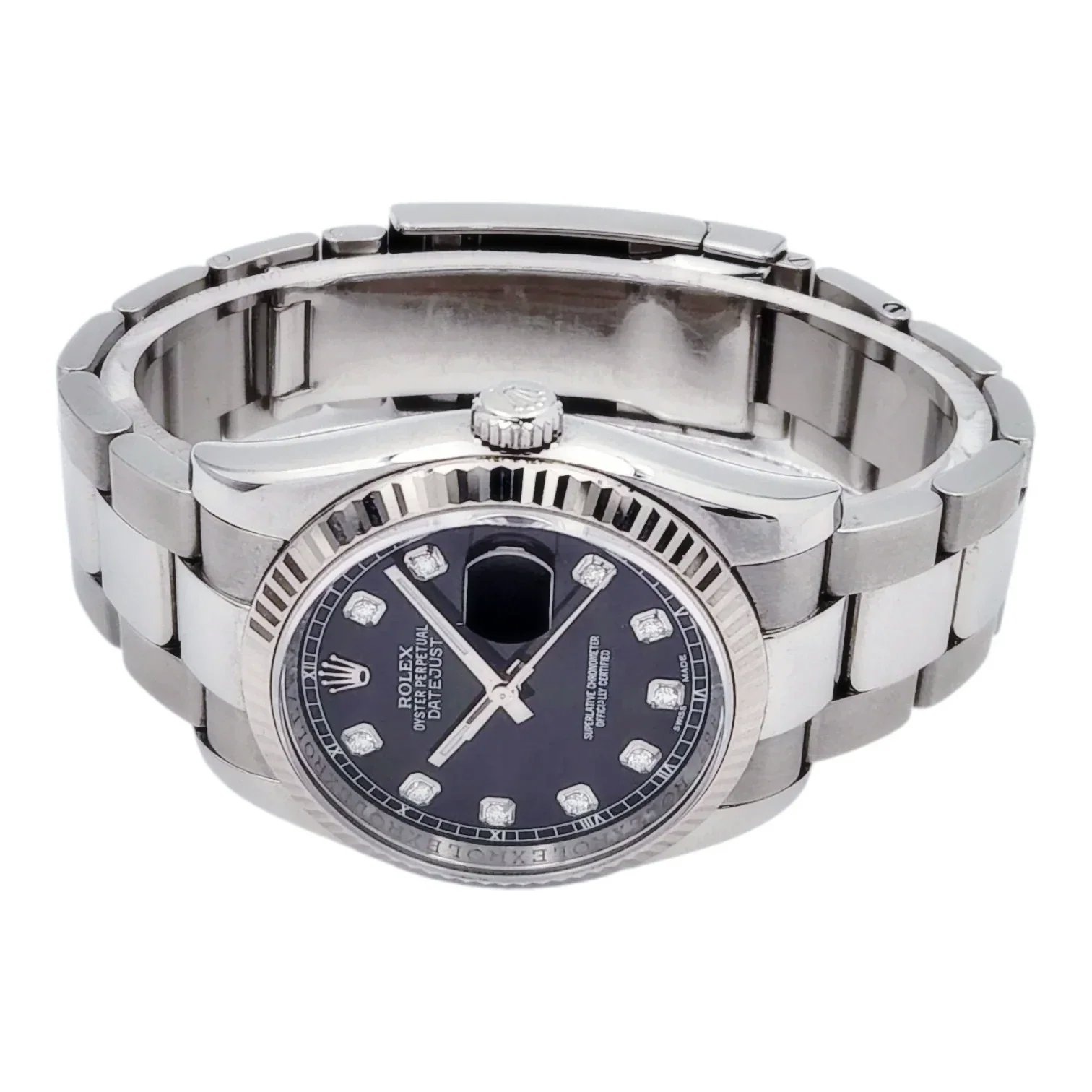 Men's Rolex 37mm Oyster Perpetual DateJust Stainless Steel Watch with Black Diamond Dial and Fluted Bezel. (Pre-Owned 116200)