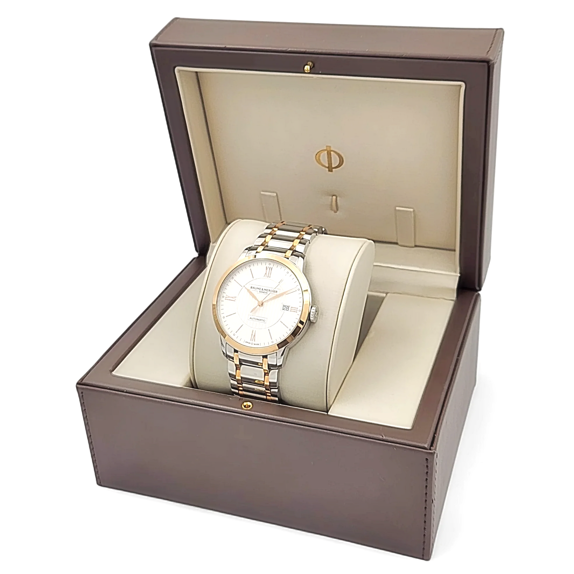 Men's Baume & Mercier 40mm Classima Automatic Electro Plated Rose Gold / Stainless Steel Watch with White Roman Numeral Dial. (Pre-Owned)