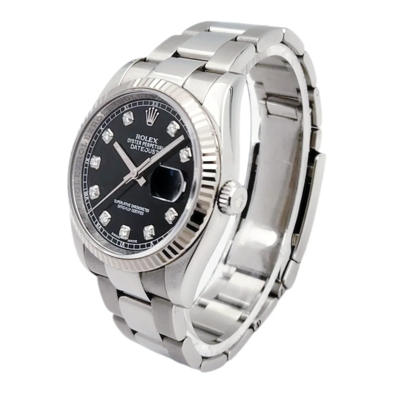 Men's Rolex 37mm Oyster Perpetual DateJust Stainless Steel Watch with Black Diamond Dial and Fluted Bezel. (Pre-Owned 116200)