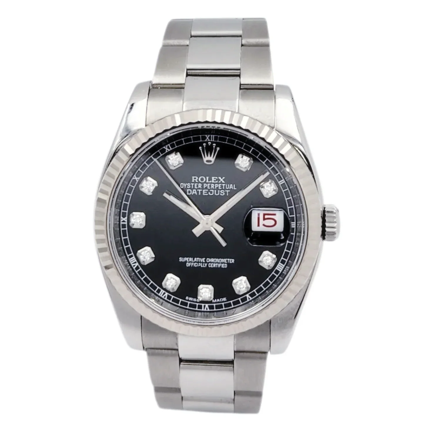 Men's Rolex 37mm Oyster Perpetual DateJust Stainless Steel Watch with Black Diamond Dial and Fluted Bezel. (Pre-Owned 116200)