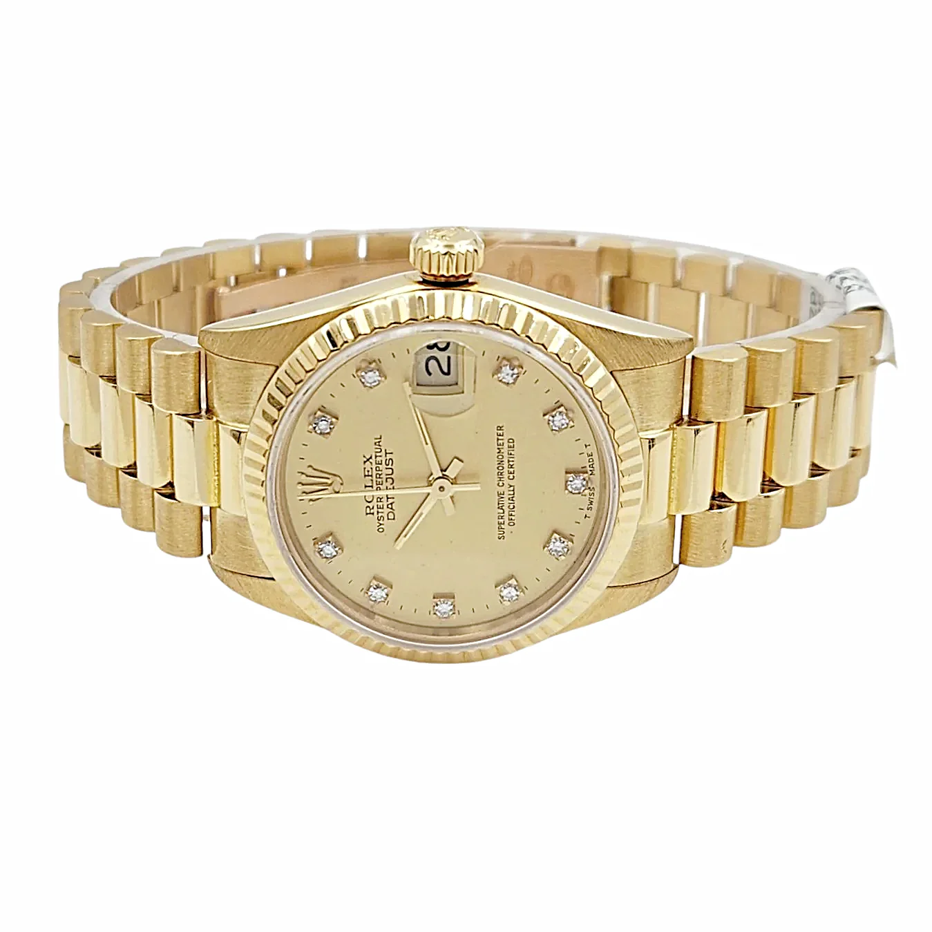 Ladies Rolex Midsize 31mm DateJust 18K Yellow Gold Watch with Diamond Champagne Dial and Fluted Bezel. (Pre-Owned 68278)