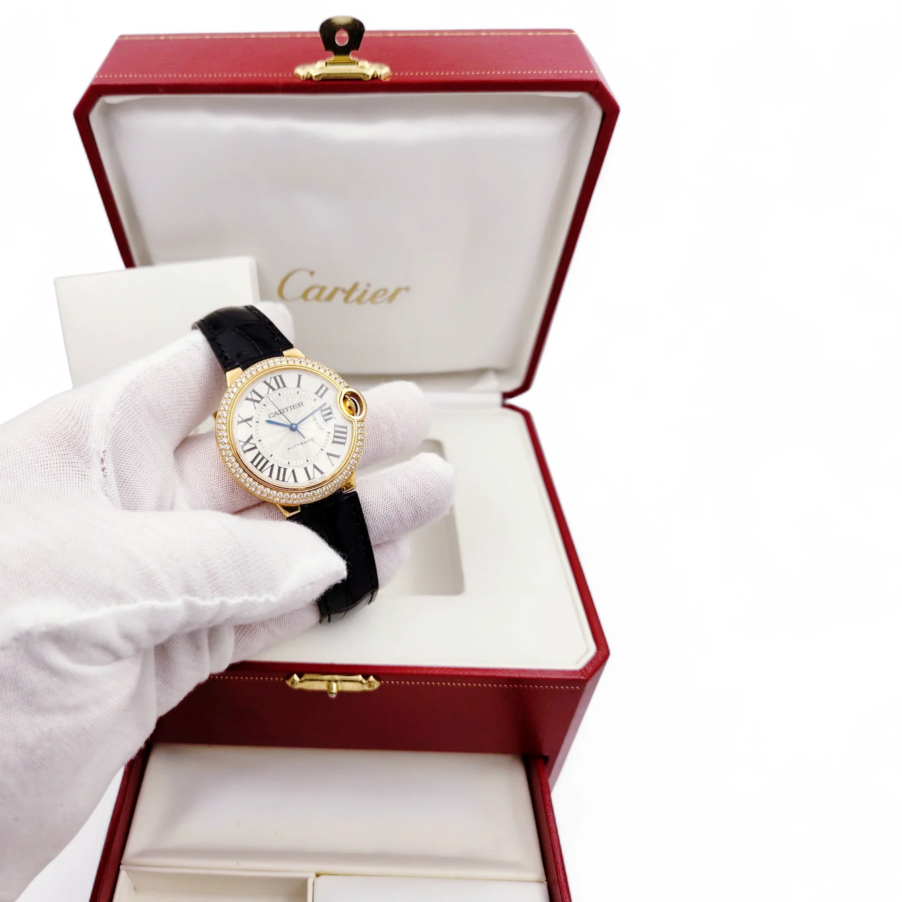 Unisex Cartier 36mm Ballon Bleu Automatic 18K Rose Gold / Black Leather Strap Watch with Roman Numeral Silver Guillochi Dial. (Pre-Owned 3002)