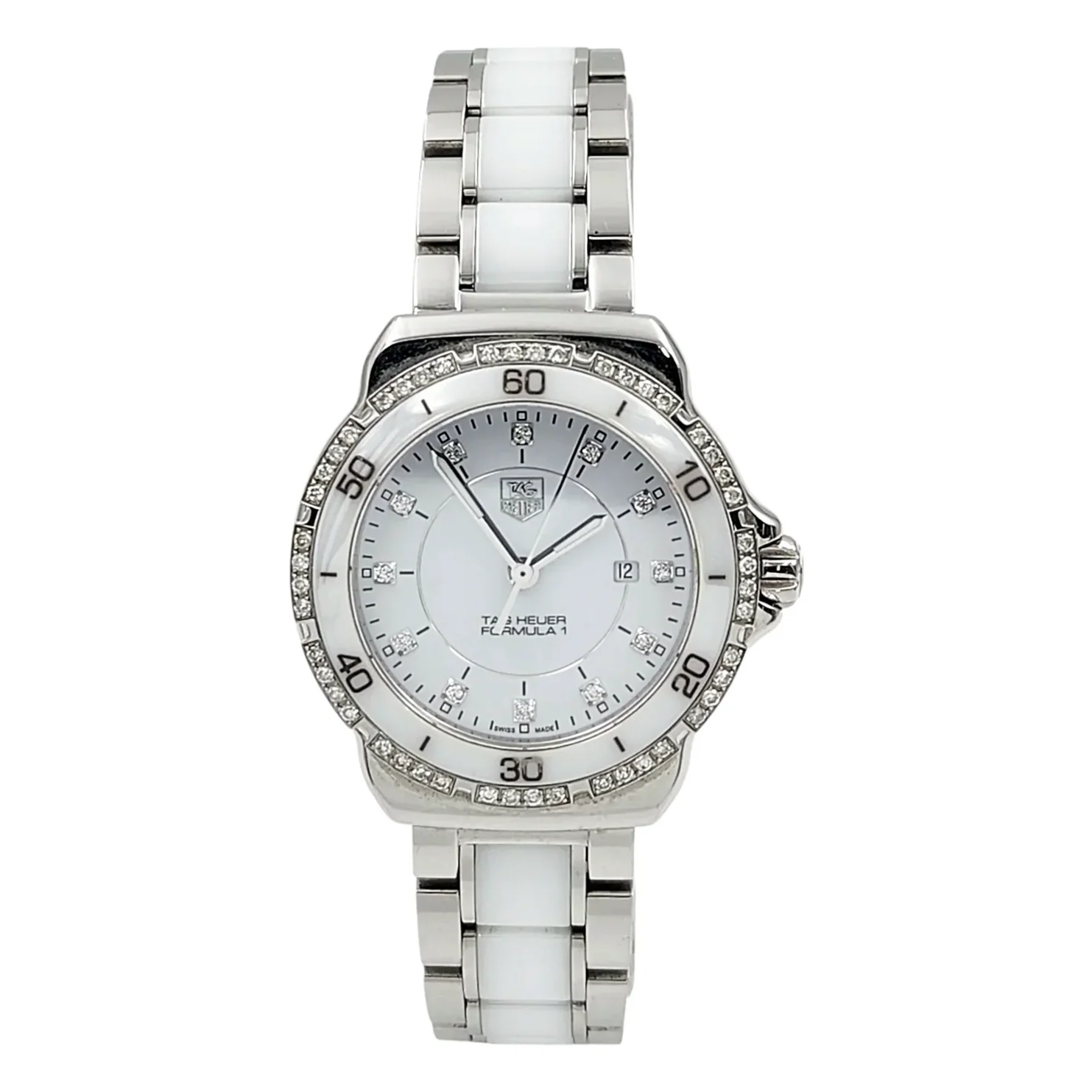 Ladies TAG Heuer 32mm Formula 1 Ceramic Watch with White Diamond Dial and Diamond Bezel. (Pre-Owned WAH1313)