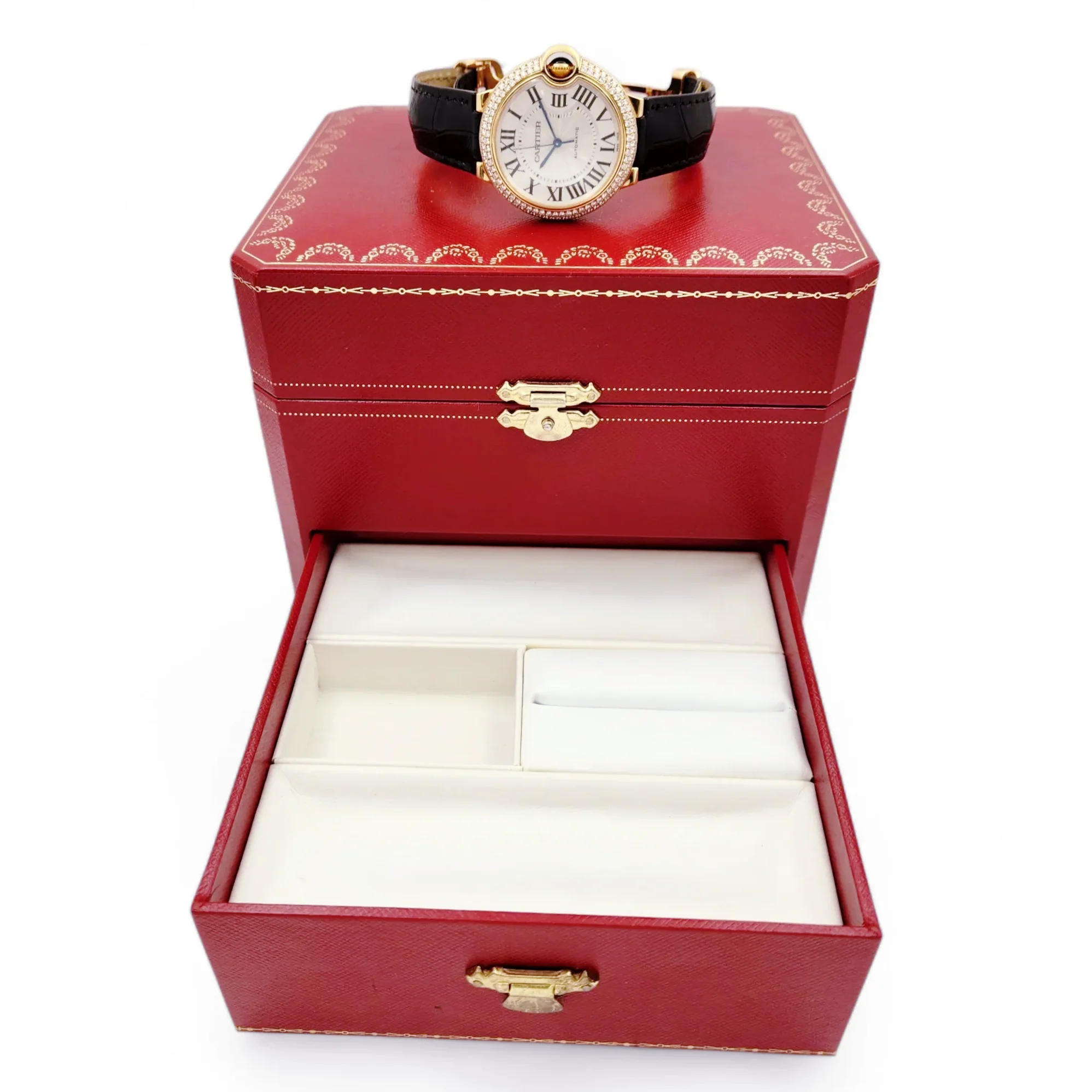 Unisex Cartier 36mm Ballon Bleu Automatic 18K Rose Gold / Black Leather Strap Watch with Roman Numeral Silver Guillochi Dial. (Pre-Owned 3002)