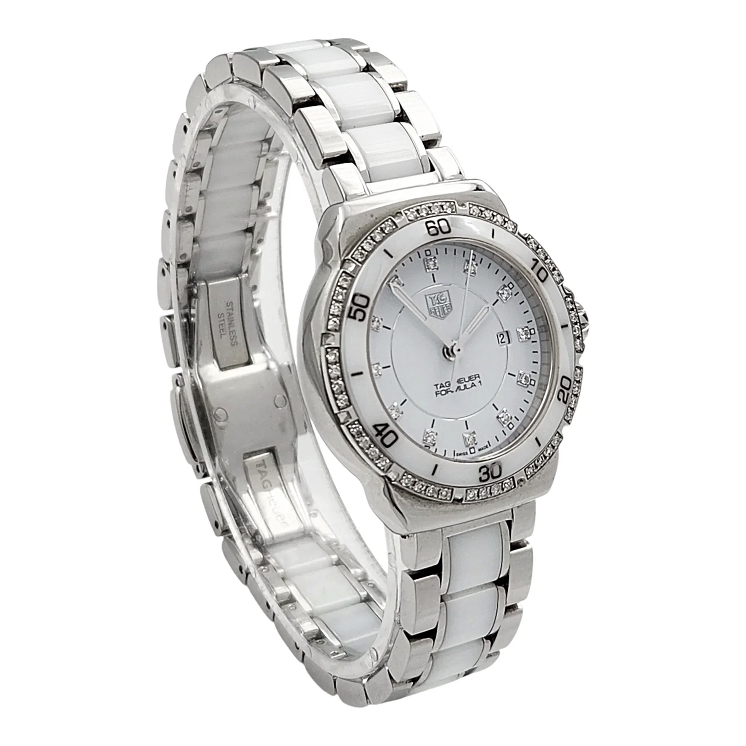 Ladies TAG Heuer 32mm Formula 1 Ceramic Watch with White Diamond Dial and Diamond Bezel. (Pre-Owned WAH1313)
