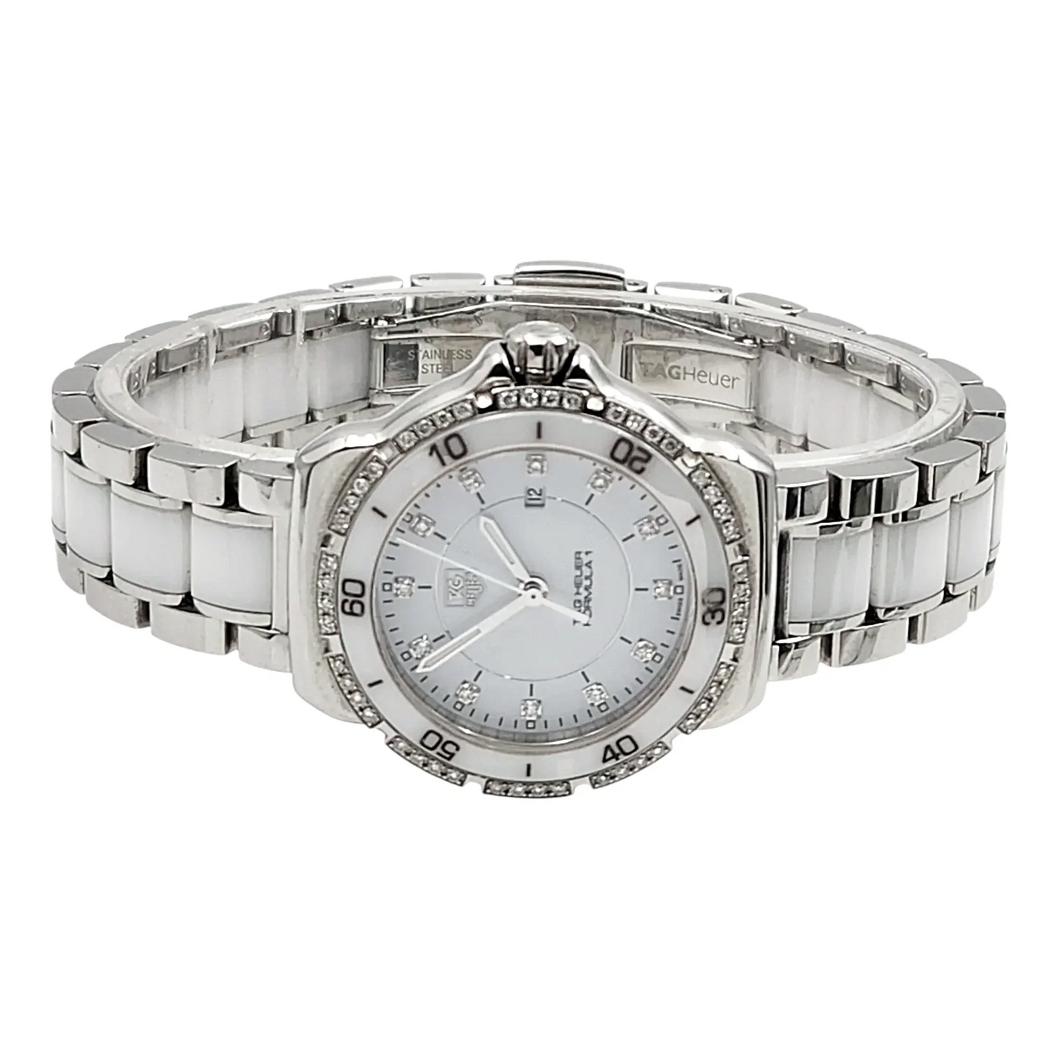 Ladies TAG Heuer 32mm Formula 1 Ceramic Watch with White Diamond Dial and Diamond Bezel. (Pre-Owned WAH1313)