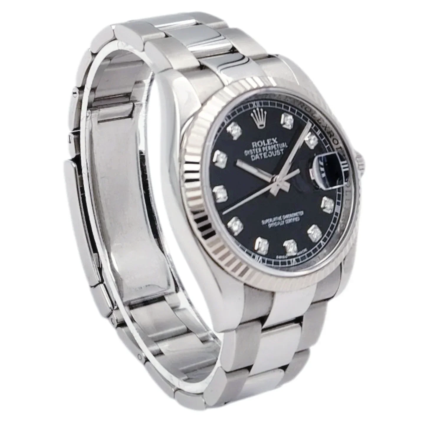 Men's Rolex 37mm Oyster Perpetual DateJust Stainless Steel Watch with Black Diamond Dial and Fluted Bezel. (Pre-Owned 116200)