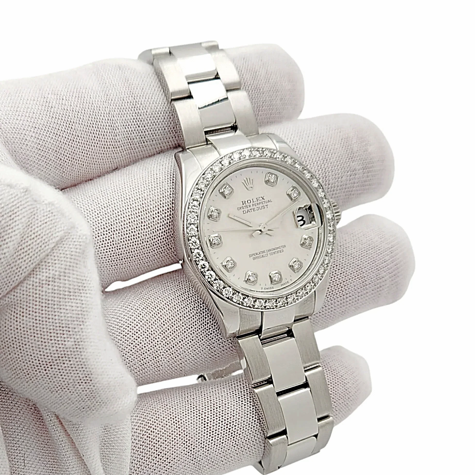 Ladies Rolex DateJust 31mm Midsize Stainless Steel Watch with Mother of Pearl Diamond Dial and Diamond Bezel. (Pre-Owned)