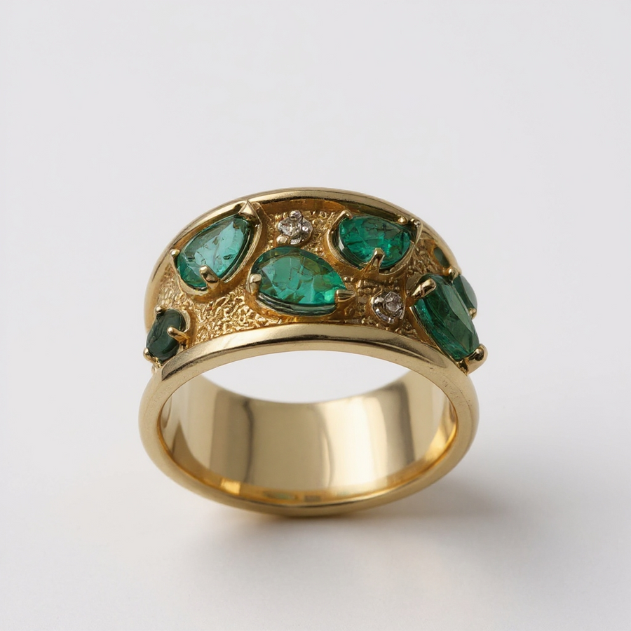 Estate Jewelry 14K Yellow Gold with Ring With 6 Emerald and 2 Round Diamonds 0.03 Total Carat Weight. (Size 7.00)
