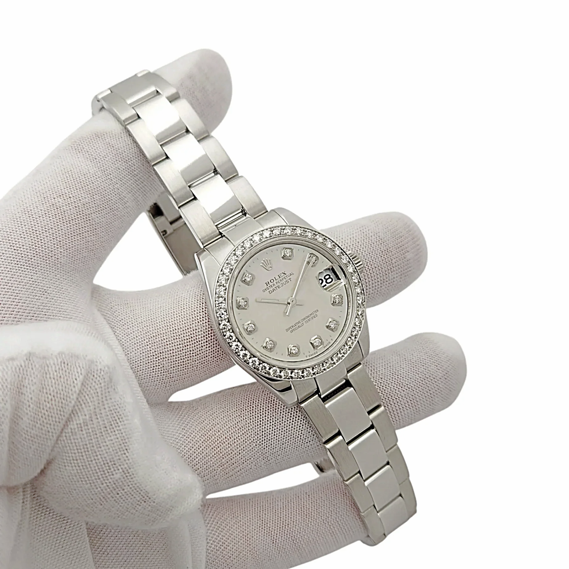 Ladies Rolex DateJust 31mm Midsize Stainless Steel Watch with Mother of Pearl Diamond Dial and Diamond Bezel. (Pre-Owned)