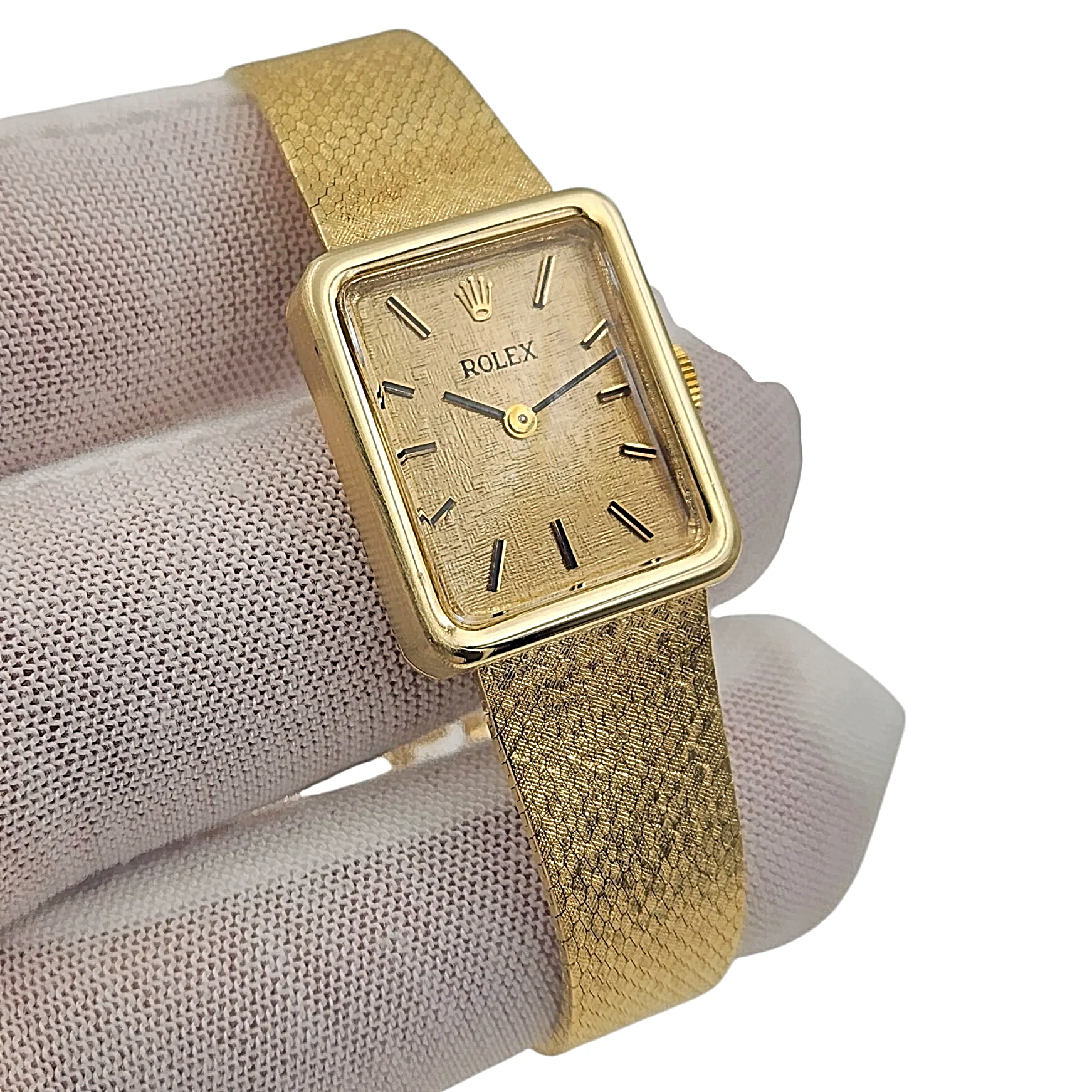 1950's Ladies Rolex Cocktail Vintage 14K Yellow Gold Watch with Gold Dial and Gold Mesh Bracelet. (Pre-Owned 8365)