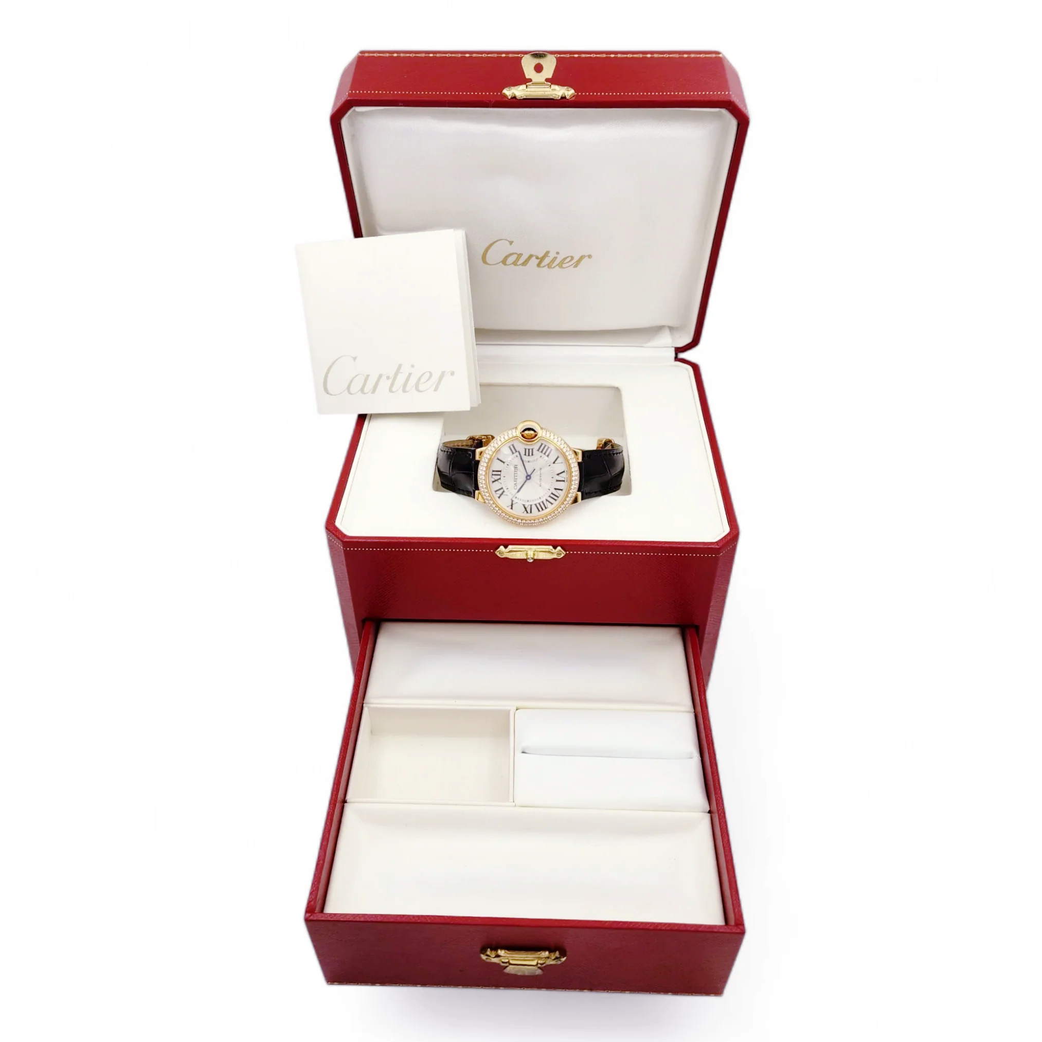 Unisex Cartier 36mm Ballon Bleu Automatic 18K Rose Gold / Black Leather Strap Watch with Roman Numeral Silver Guillochi Dial. (Pre-Owned 3002)