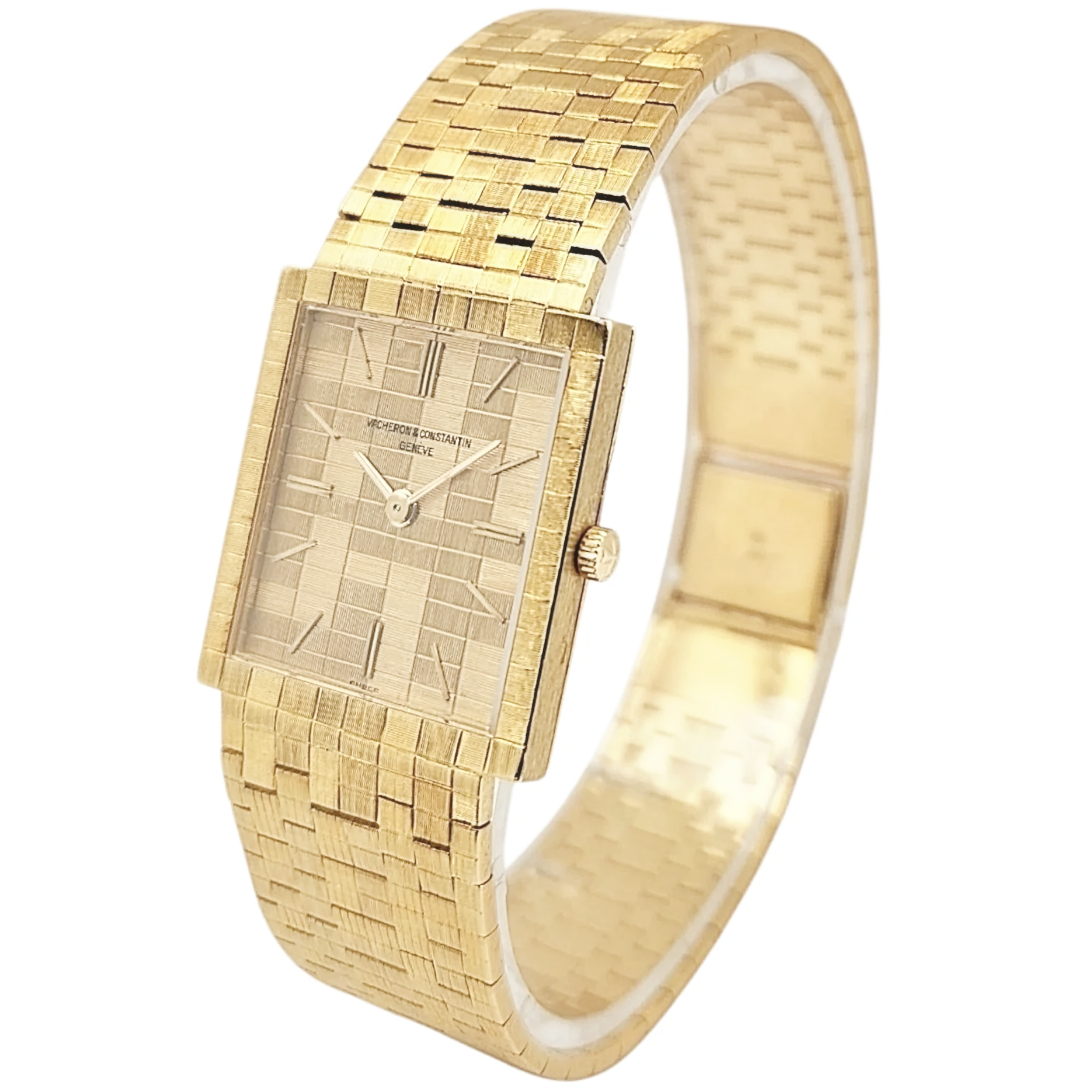 1970's Vacheron & Constantin Vintage Solid 18K Gold Watch with Basket-Weave Gold Dial and Bracelet. (Pre-Owned 7186)