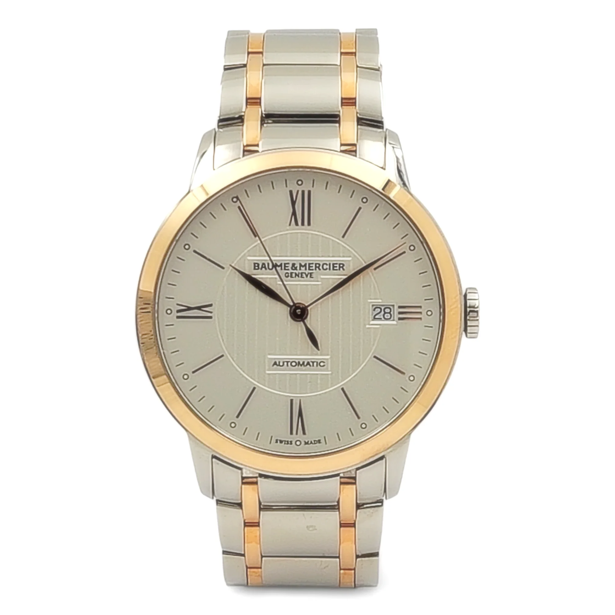 Men's Baume & Mercier 40mm Classima Automatic Electro Plated Rose Gold / Stainless Steel Watch with White Roman Numeral Dial. (Pre-Owned)