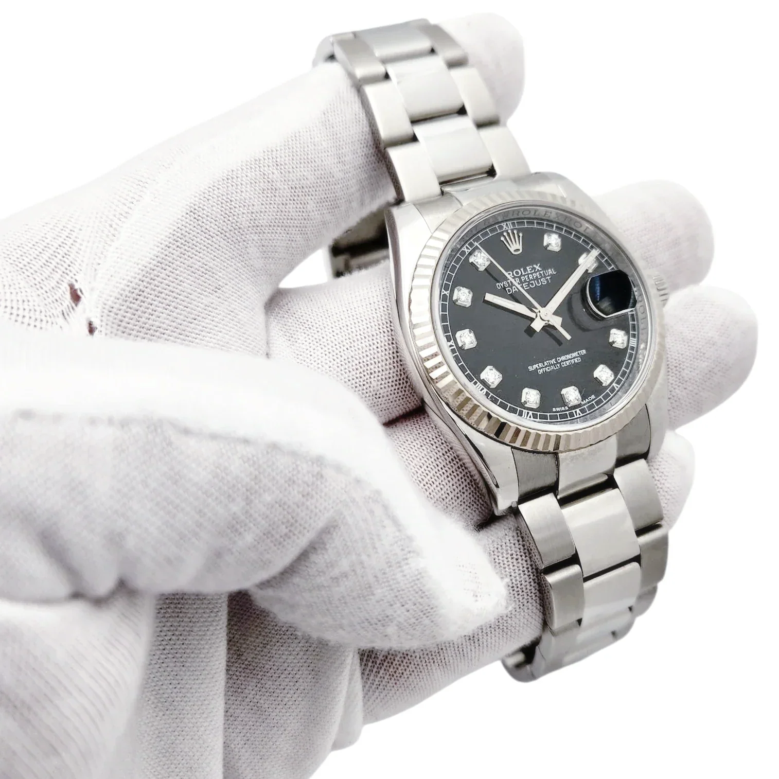 Men's Rolex 37mm Oyster Perpetual DateJust Stainless Steel Watch with Black Diamond Dial and Fluted Bezel. (Pre-Owned 116200)