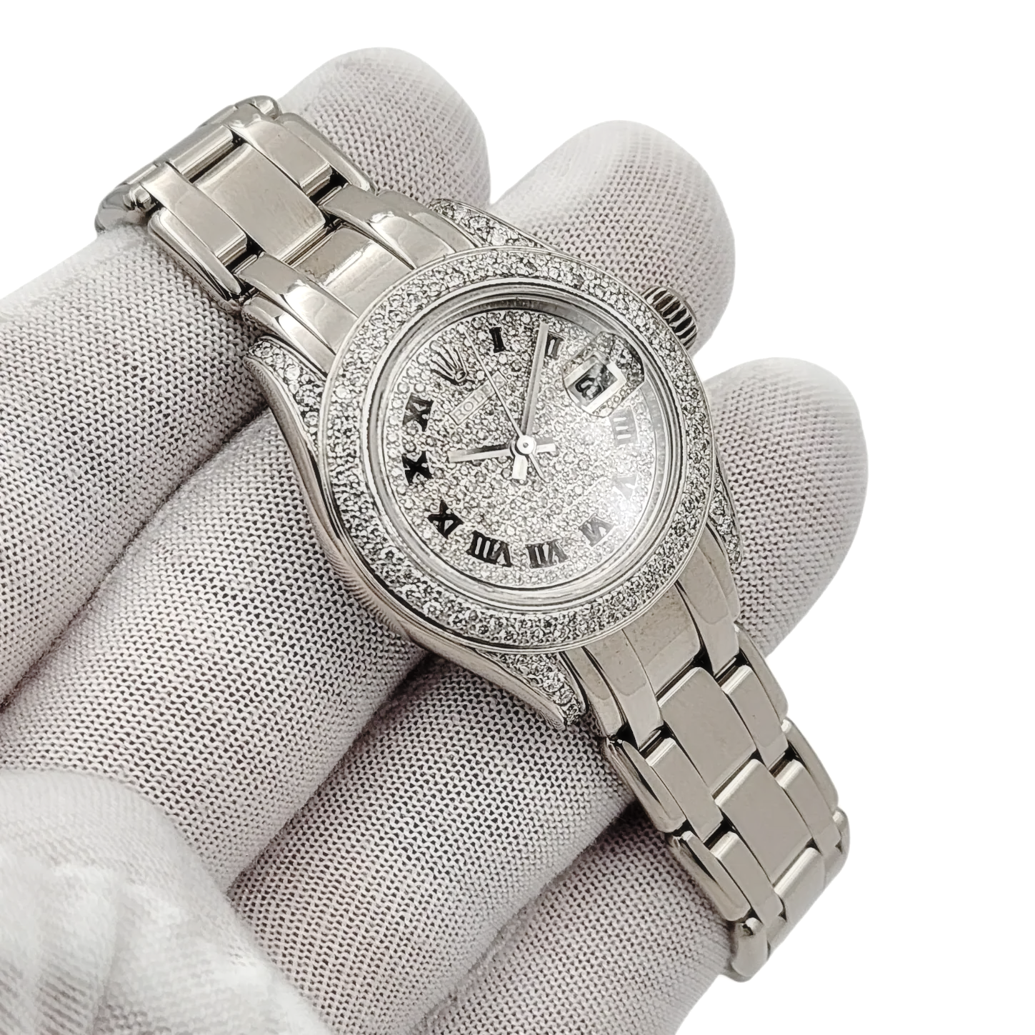 Ladies Rolex 29mm Pearlmaster 18K White Gold Watch with Diamond Dial and Diamond Bezel. (Pre-Owned 80319)