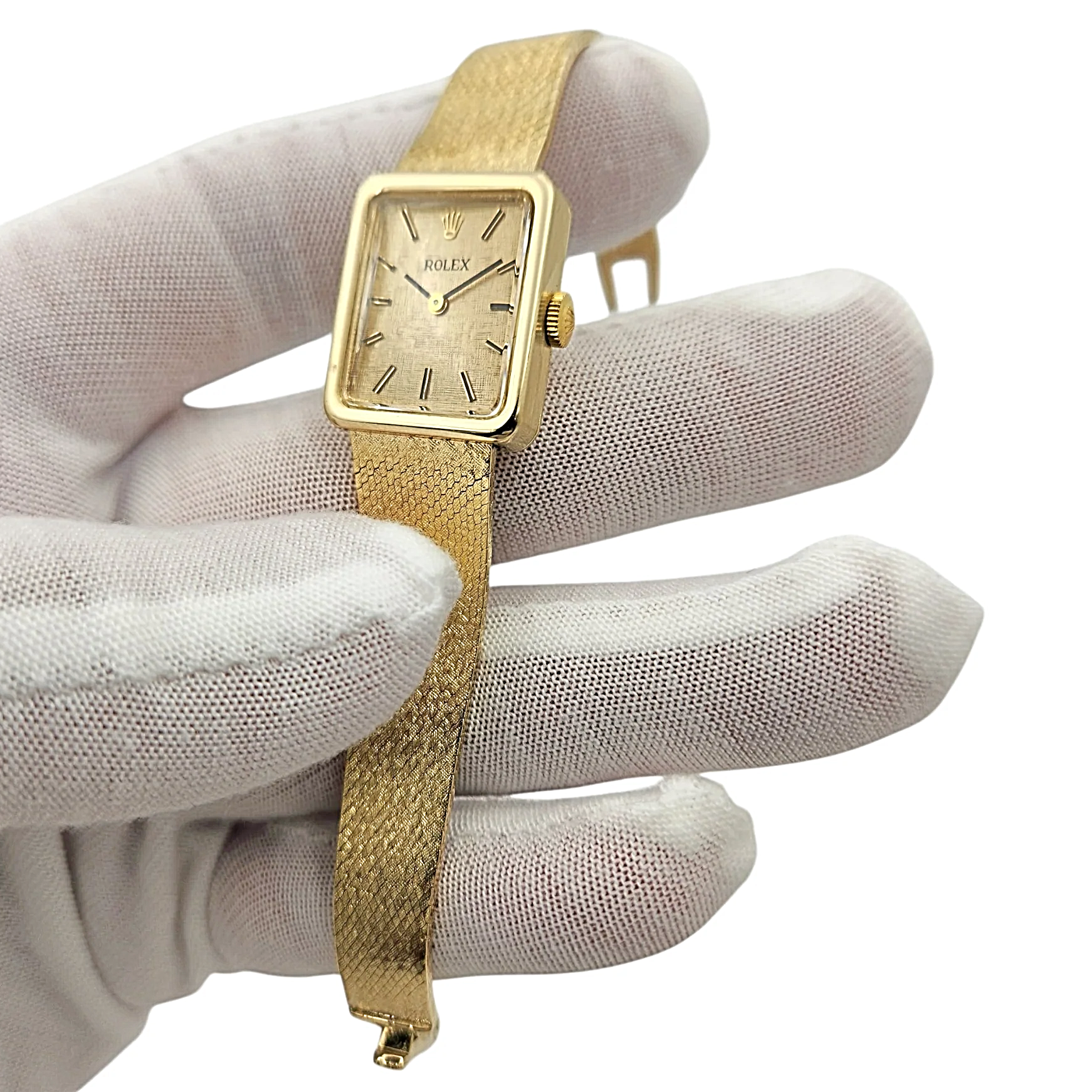 1950's Ladies Rolex Cocktail Vintage 14K Yellow Gold Watch with Gold Dial and Gold Mesh Bracelet. (Pre-Owned 8365)