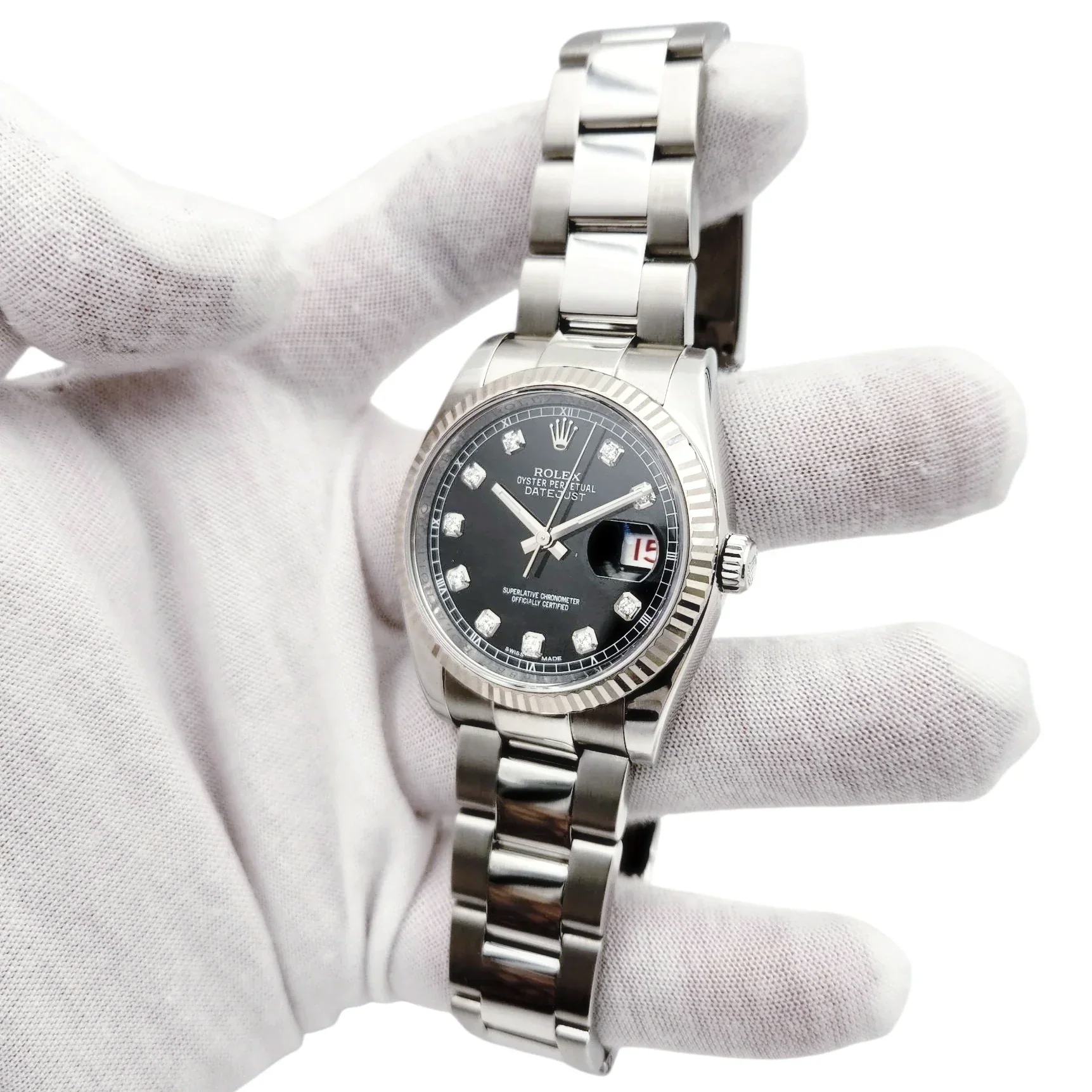Men's Rolex 37mm Oyster Perpetual DateJust Stainless Steel Watch with Black Diamond Dial and Fluted Bezel. (Pre-Owned 116200)