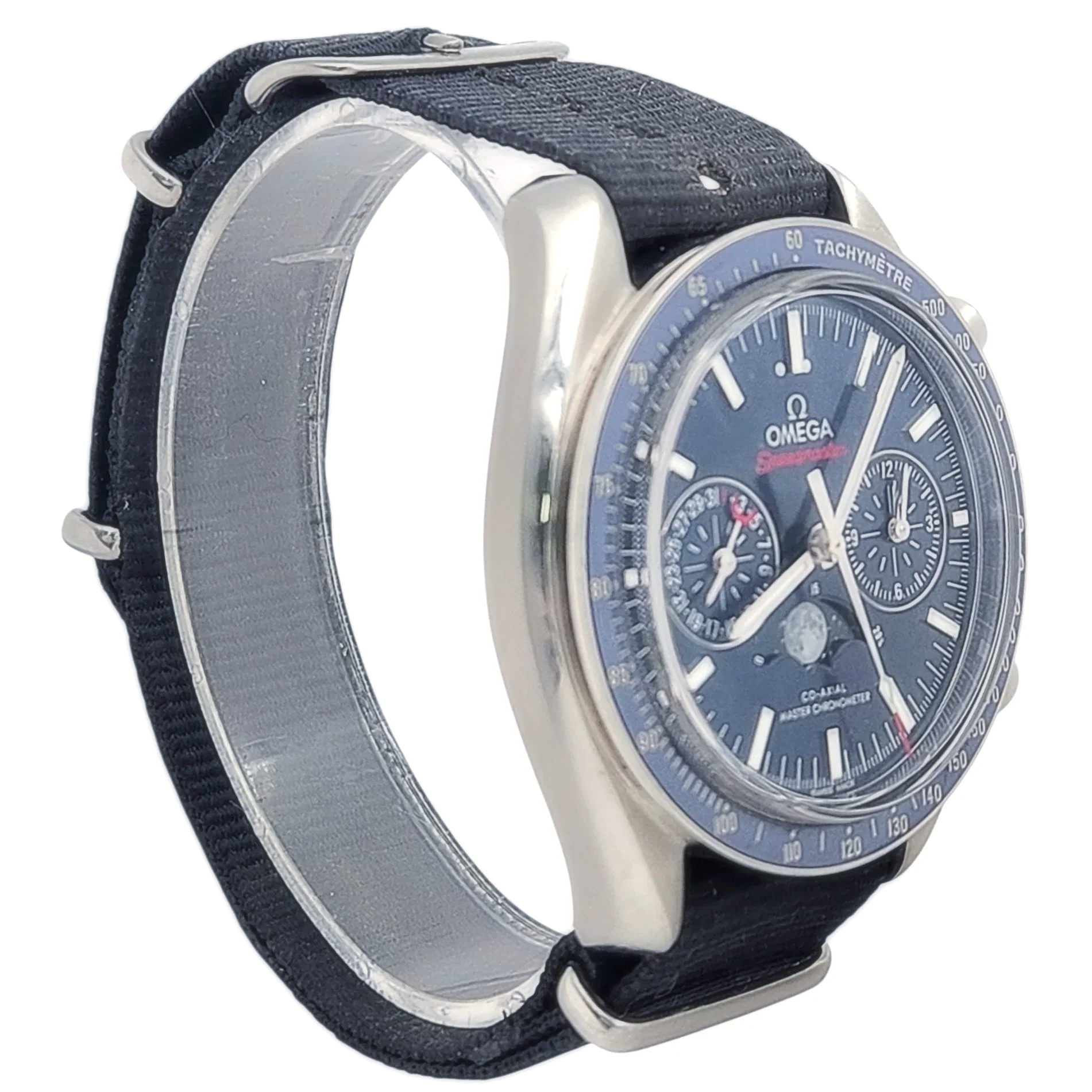 Men's Omega 44mm Speedmaster Moonphase Automatic Steel Watch with Blue Luminous Dial. (Pre-Owned Box/Card)